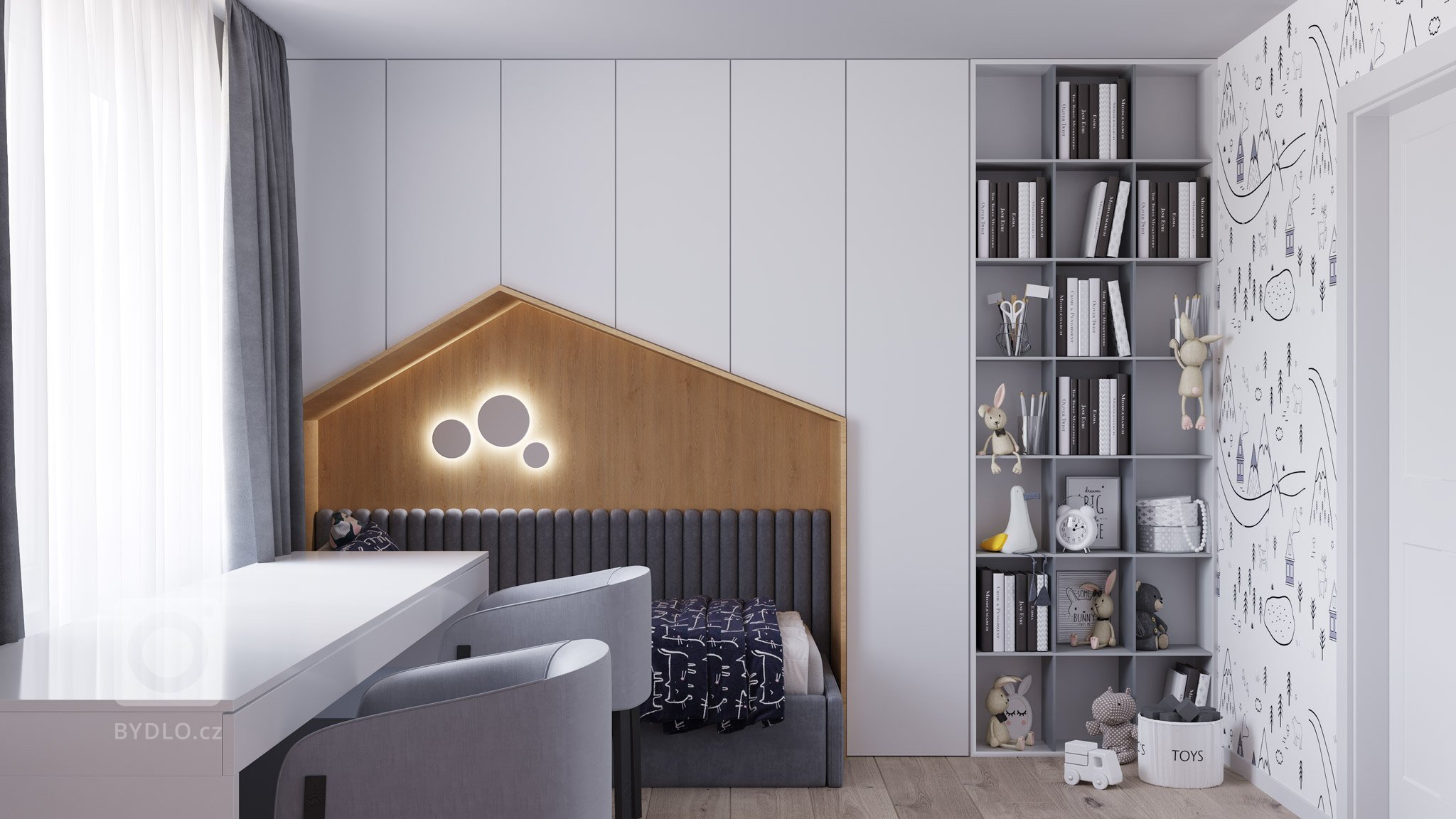 Návrh interiéru detskej izby pre dve deti s farebným rozdelením, ladený do kombinácie bielej farby a dreva. Rozdelenie sme dosiahli rozdielnou farebnou…