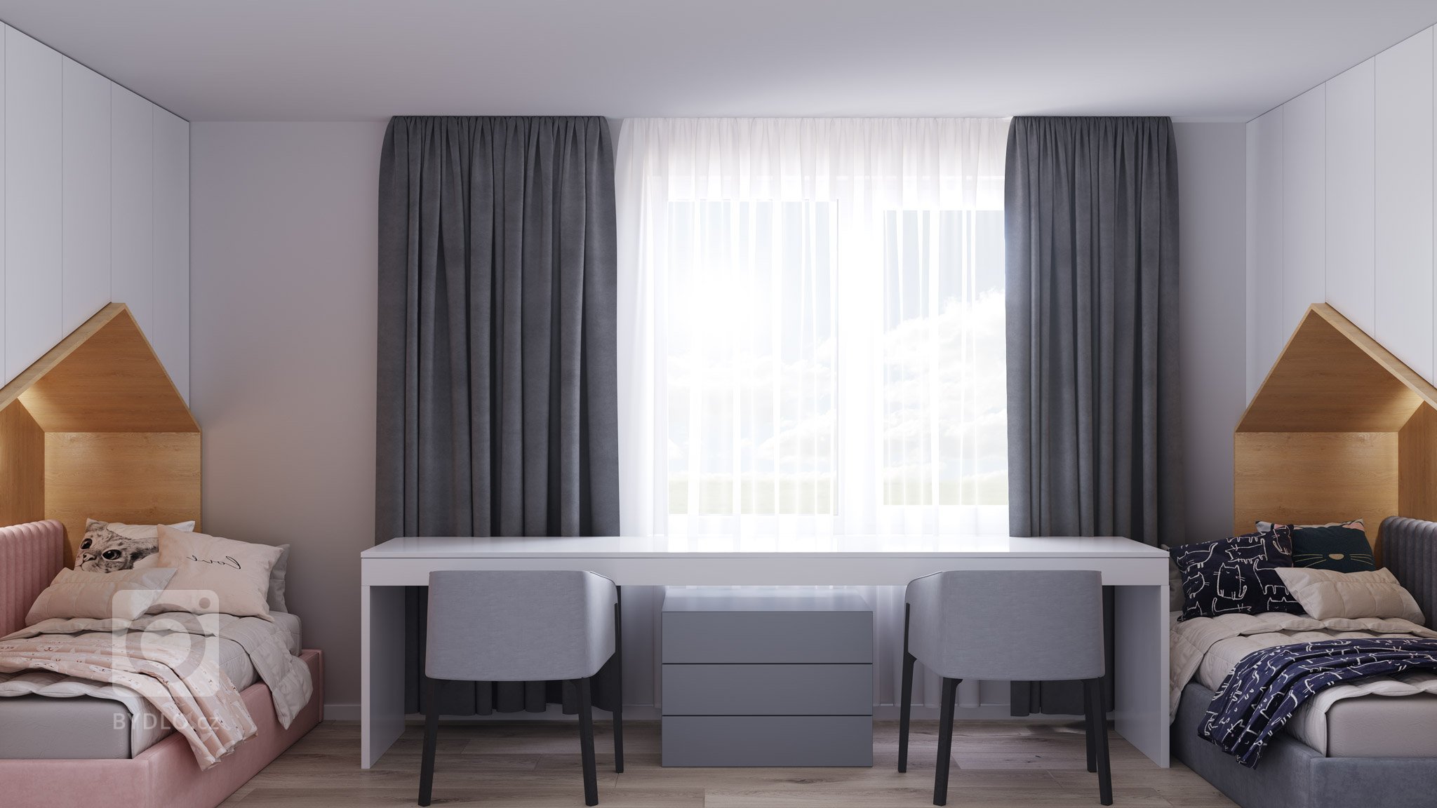 Návrh interiéru detskej izby pre dve deti s farebným rozdelením, ladený do kombinácie bielej farby a dreva. Rozdelenie sme dosiahli rozdielnou farebnou…