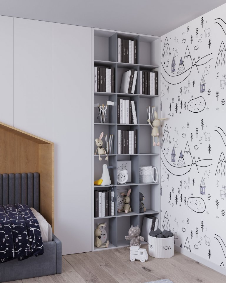 Návrh interiéru detskej izby pre dve deti s farebným rozdelením, ladený do kombinácie bielej farby a dreva. Rozdelenie sme dosiahli rozdielnou farebnou…