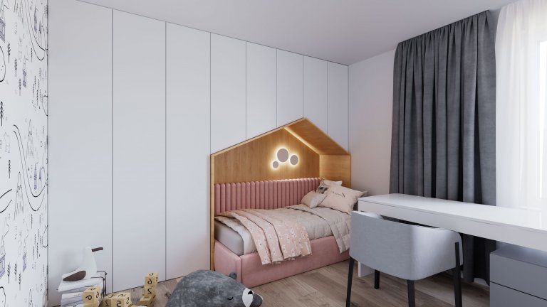 Návrh interiéru detskej izby pre dve deti s farebným rozdelením, ladený do kombinácie bielej farby a dreva. Rozdelenie sme dosiahli rozdielnou farebnou…