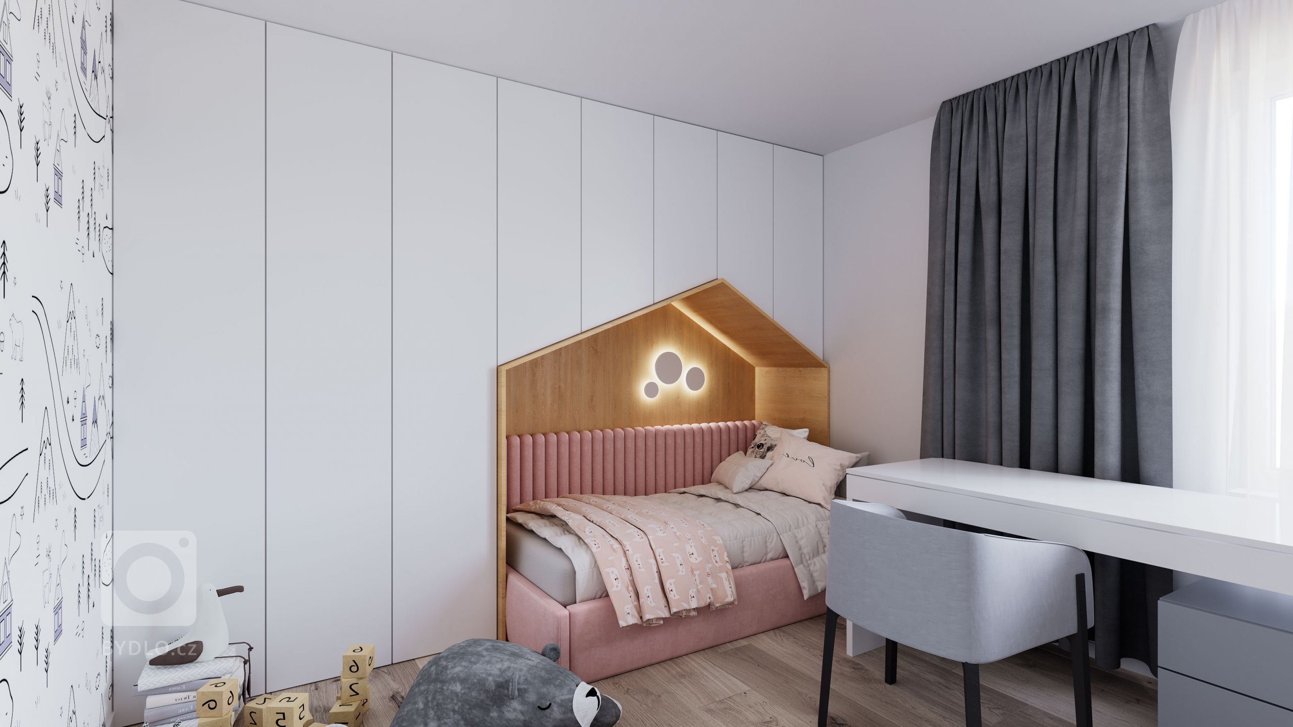 Návrh interiéru detskej izby pre dve deti s farebným rozdelením, ladený do kombinácie bielej farby a dreva. Rozdelenie sme dosiahli rozdielnou farebnou…