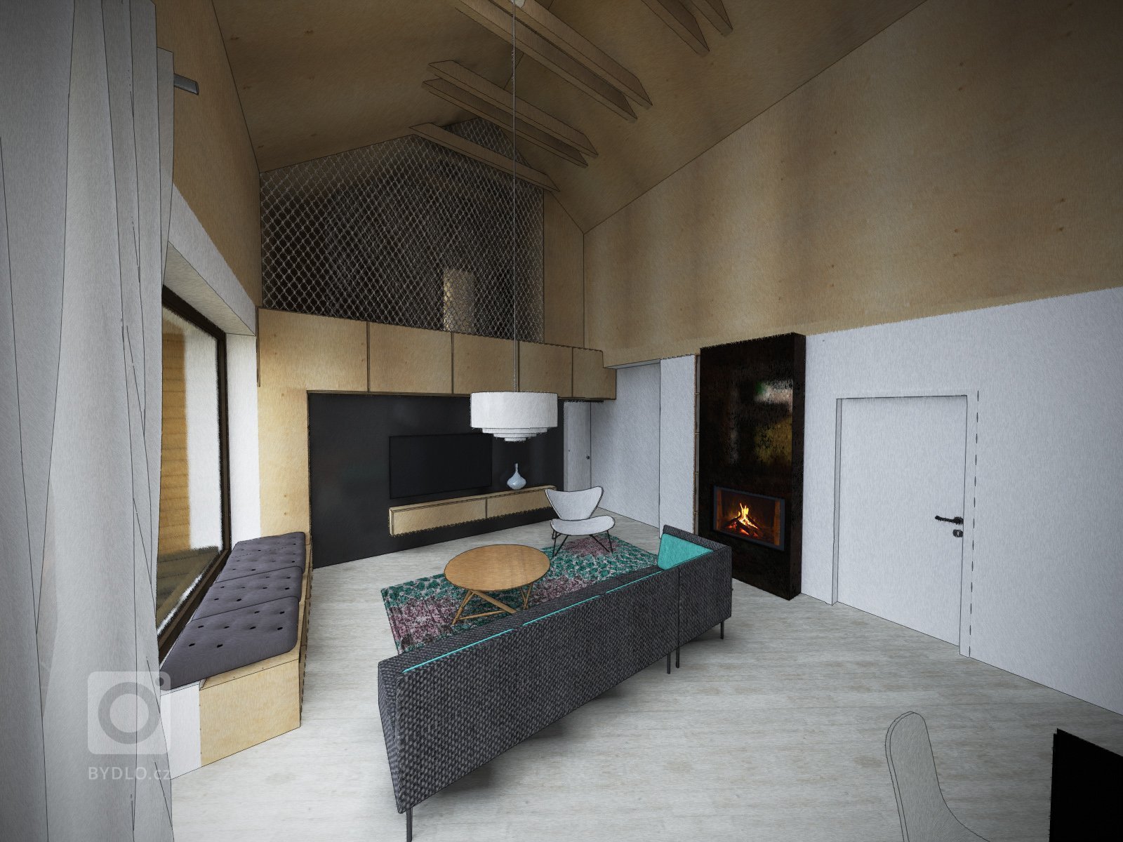 Vizualizace prostorného obývacího pokoje