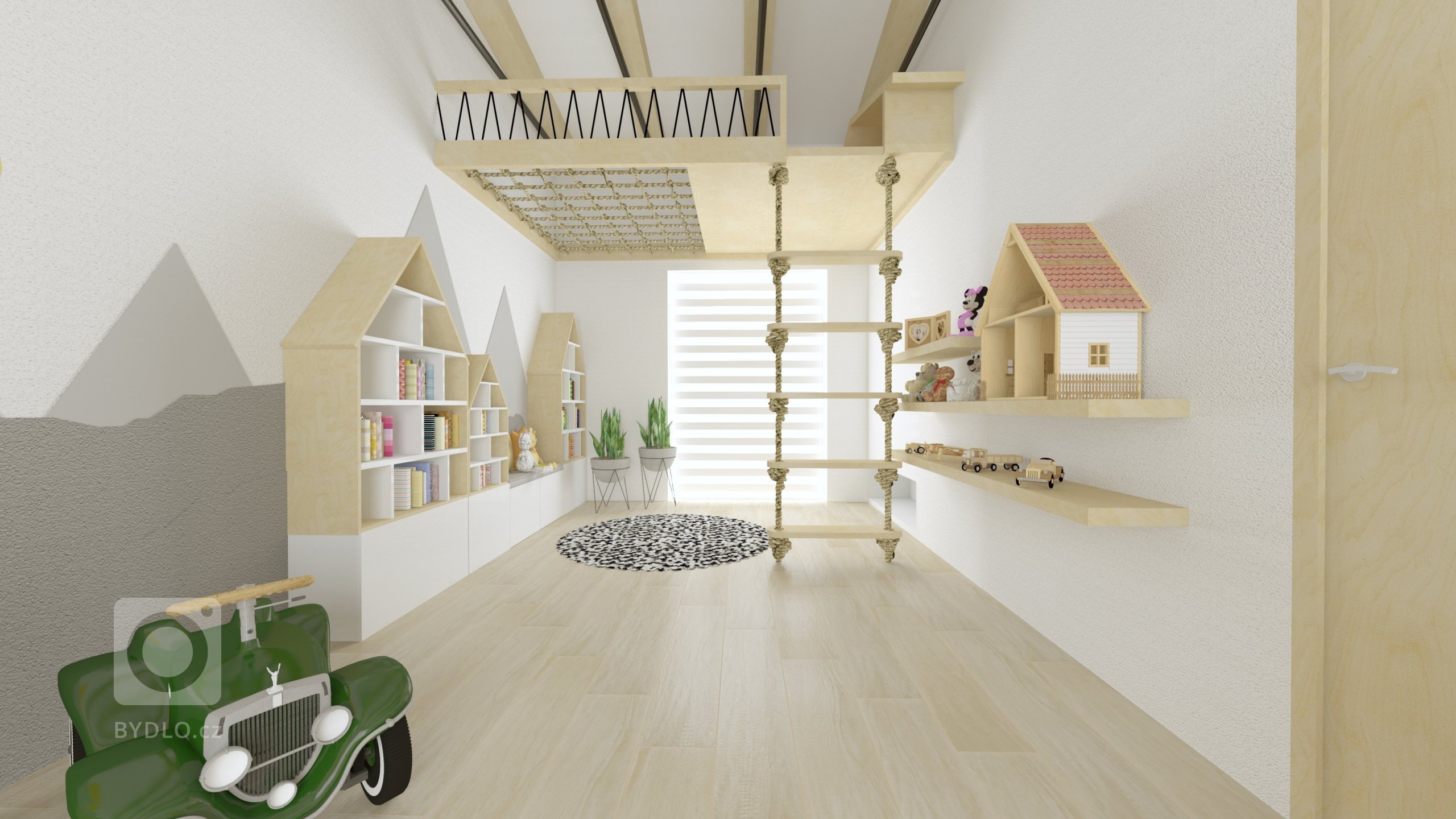 Klient si od nás přál původně návrh dětského pokojíčku, ale nakonec vznikla z prostoru pouze herna s psacími stoly.

Místnost má netradiční vysoké stropy,…