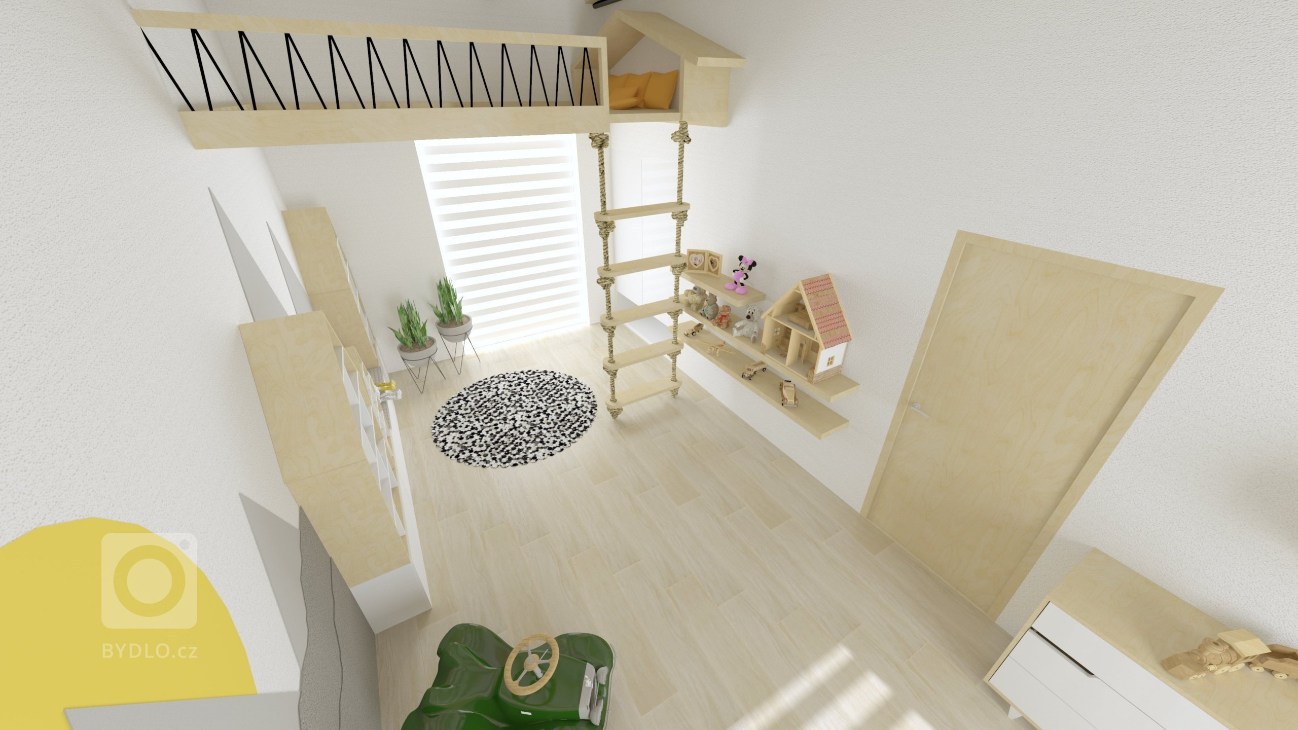 Klient si od nás přál původně návrh dětského pokojíčku, ale nakonec vznikla z prostoru pouze herna s psacími stoly.

Místnost má netradiční vysoké stropy,…