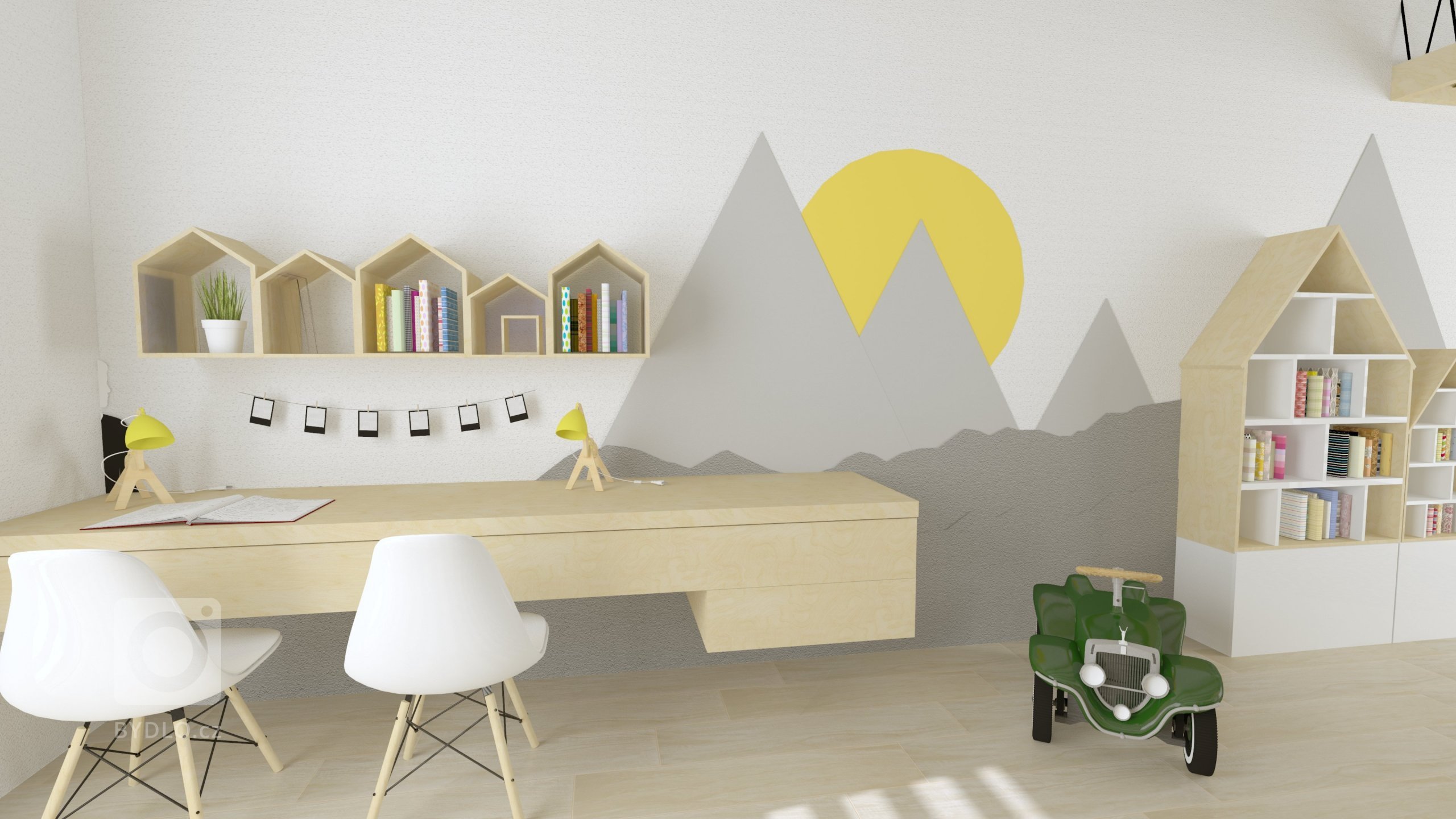 Klient si od nás přál původně návrh dětského pokojíčku, ale nakonec vznikla z prostoru pouze herna s psacími stoly.

Místnost má netradiční vysoké stropy,…