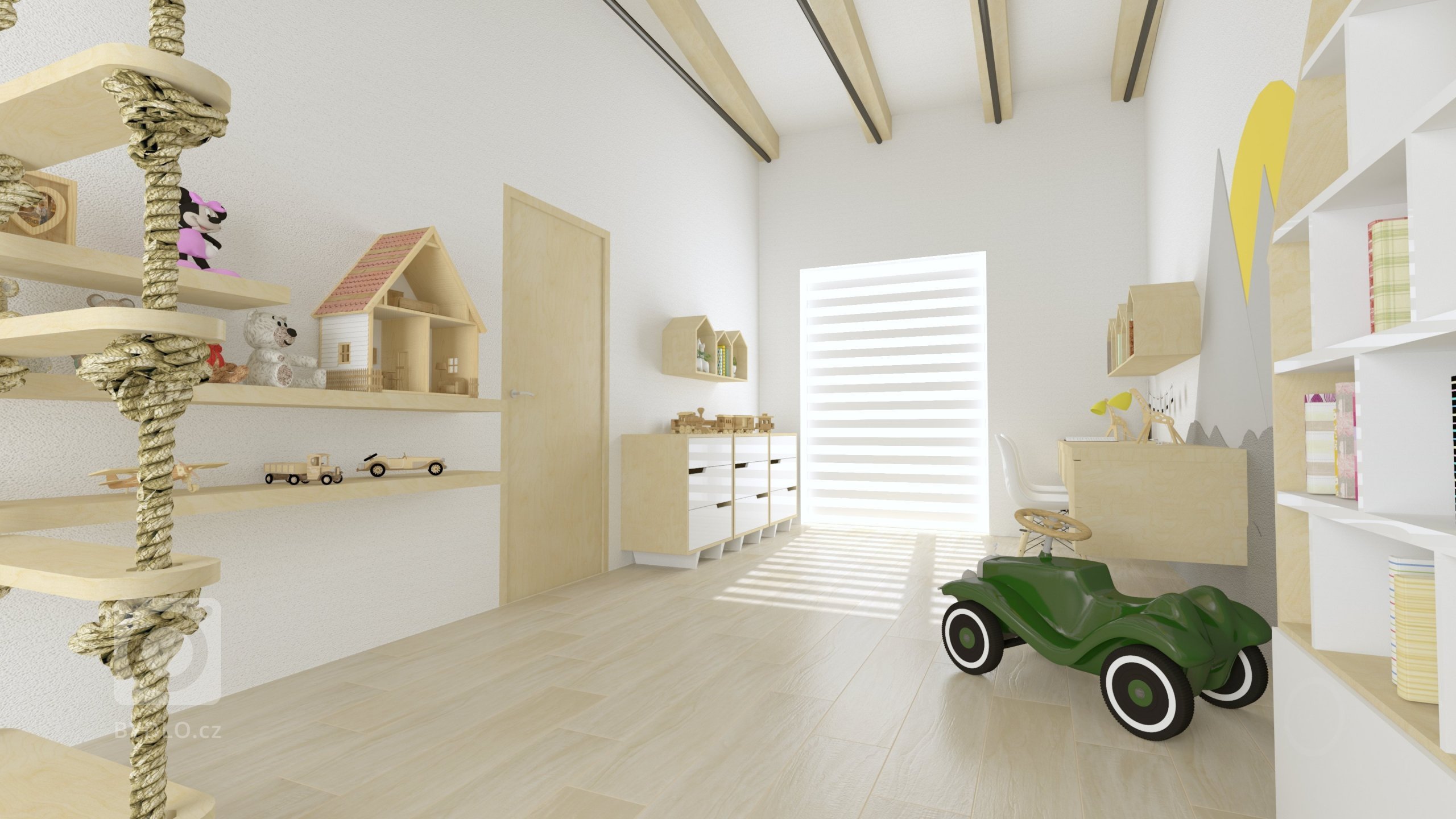 Klient si od nás přál původně návrh dětského pokojíčku, ale nakonec vznikla z prostoru pouze herna s psacími stoly.

Místnost má netradiční vysoké stropy,…