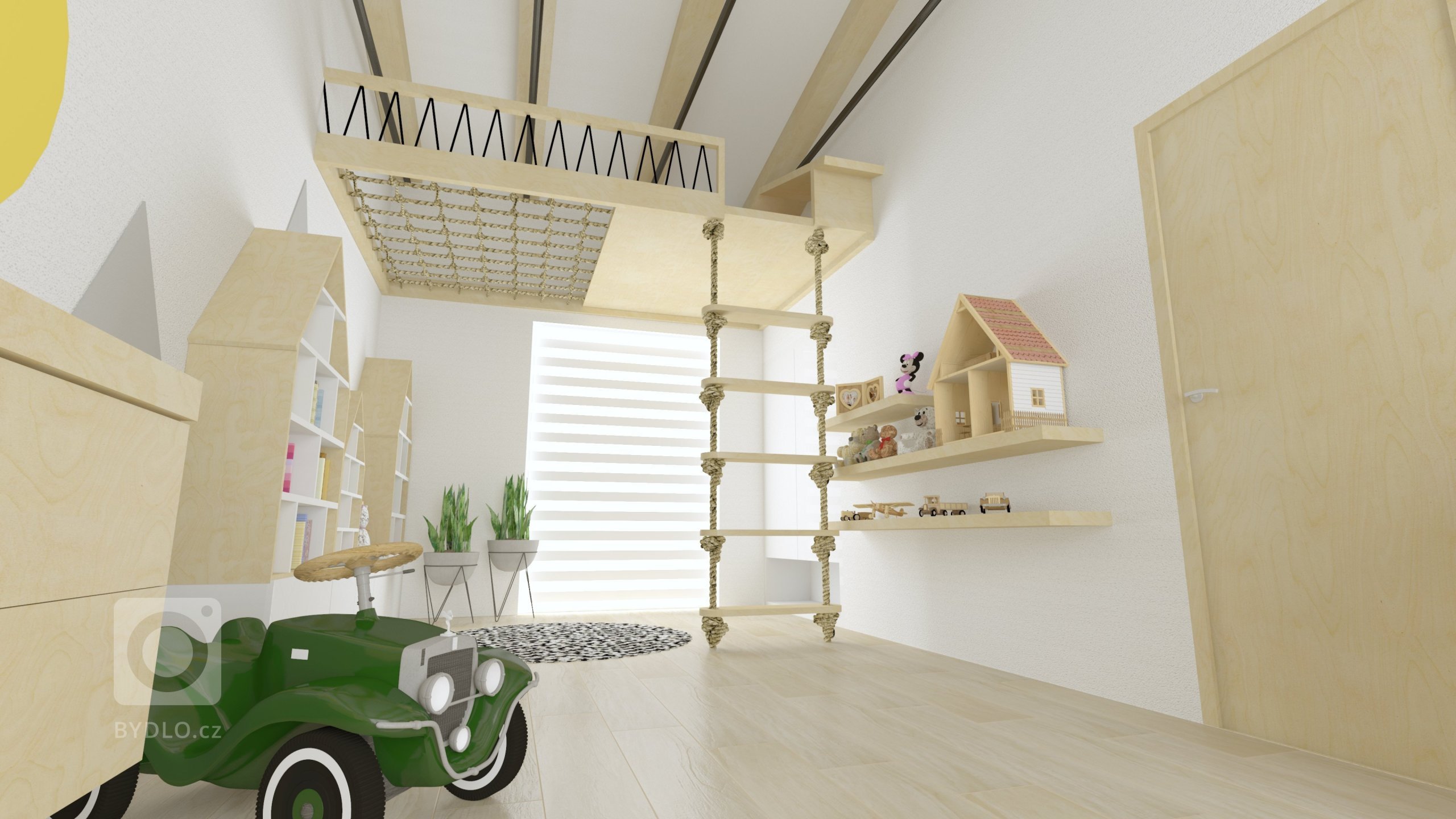 Klient si od nás přál původně návrh dětského pokojíčku, ale nakonec vznikla z prostoru pouze herna s psacími stoly.

Místnost má netradiční vysoké stropy,…