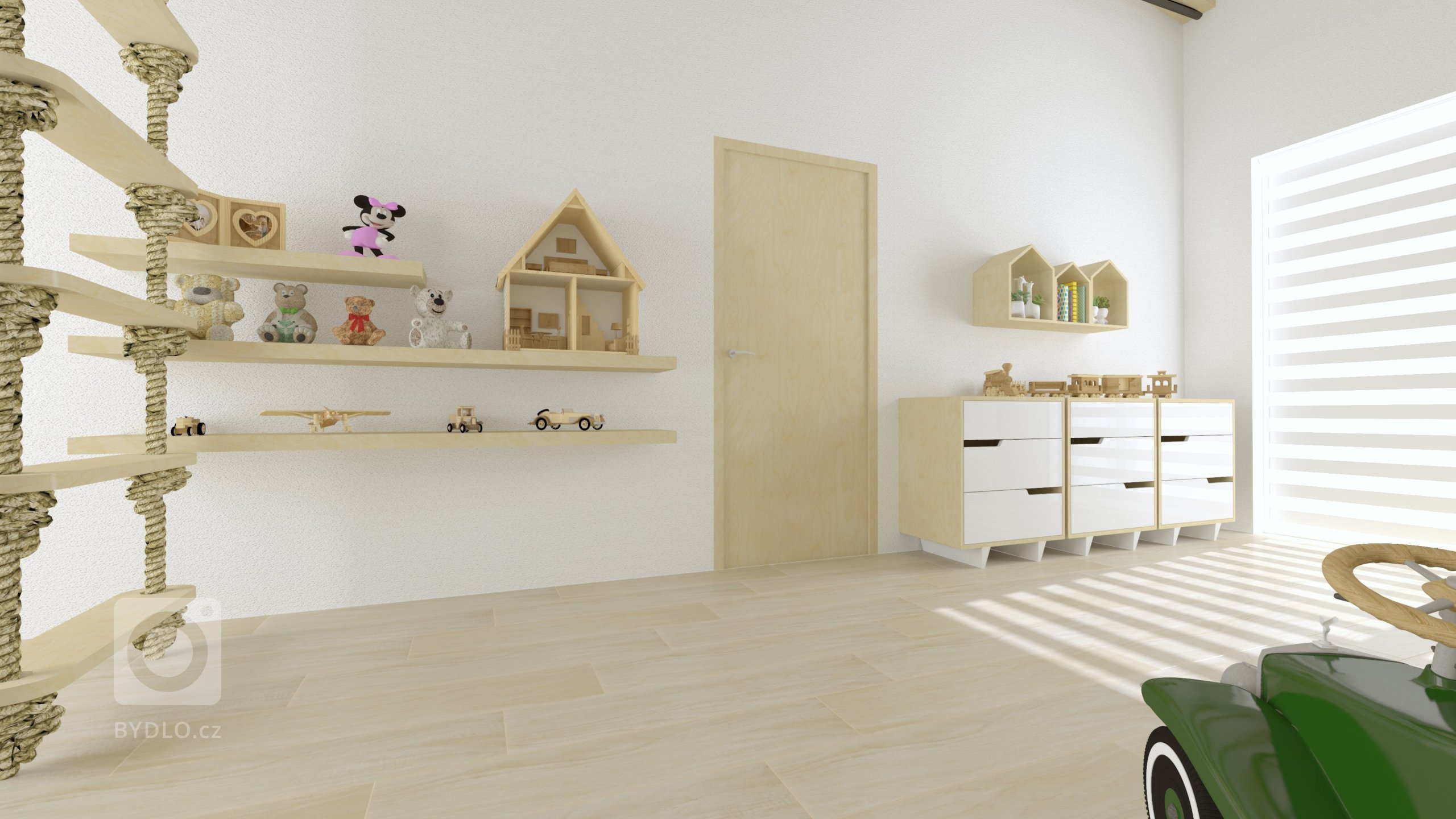 Klient si od nás přál původně návrh dětského pokojíčku, ale nakonec vznikla z prostoru pouze herna s psacími stoly.

Místnost má netradiční vysoké stropy,…