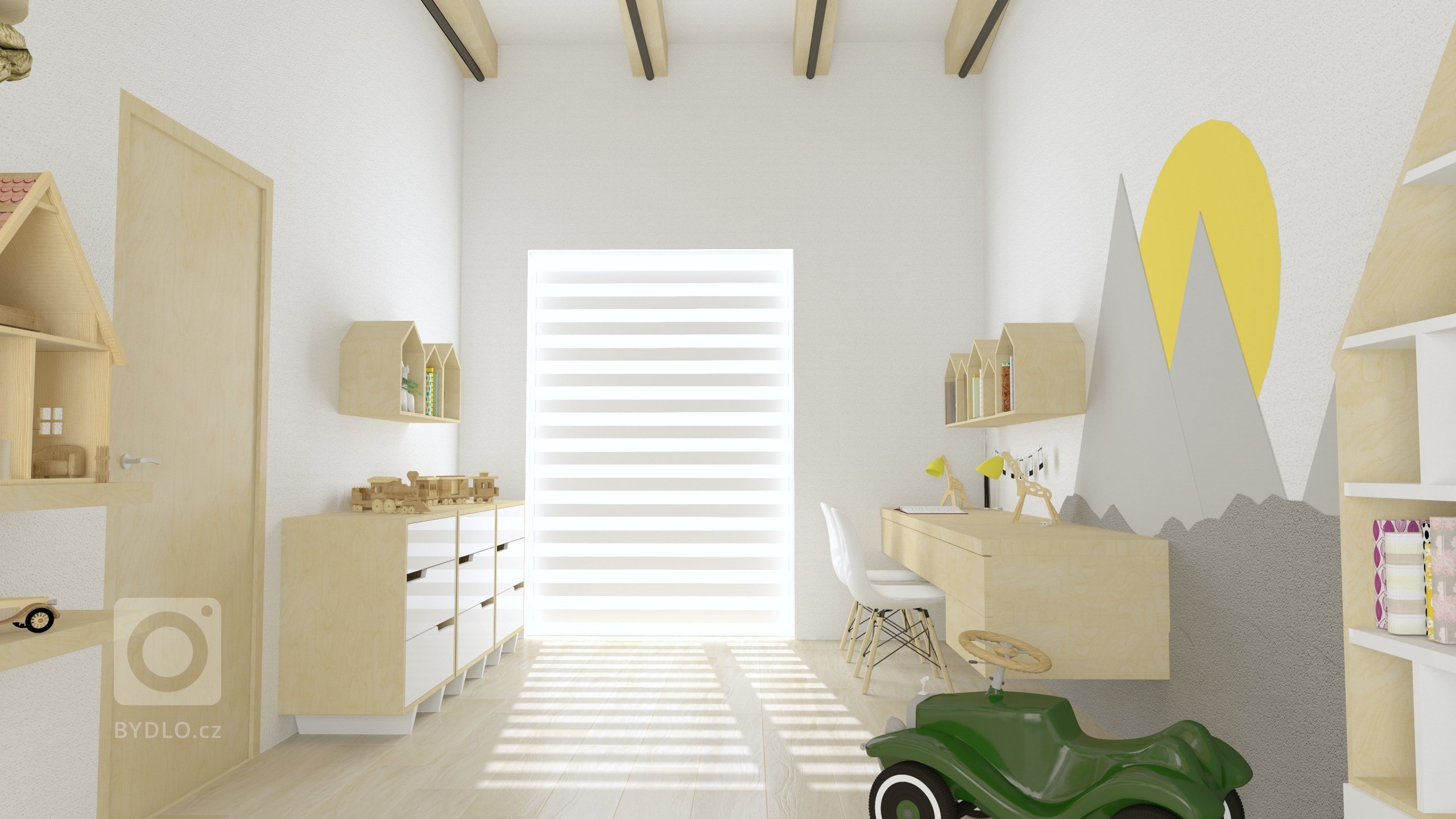 Klient si od nás přál původně návrh dětského pokojíčku, ale nakonec vznikla z prostoru pouze herna s psacími stoly.

Místnost má netradiční vysoké stropy,…