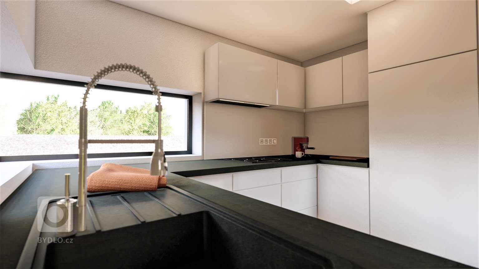 Moderní kuchyně s obývacím pokojem a krbem