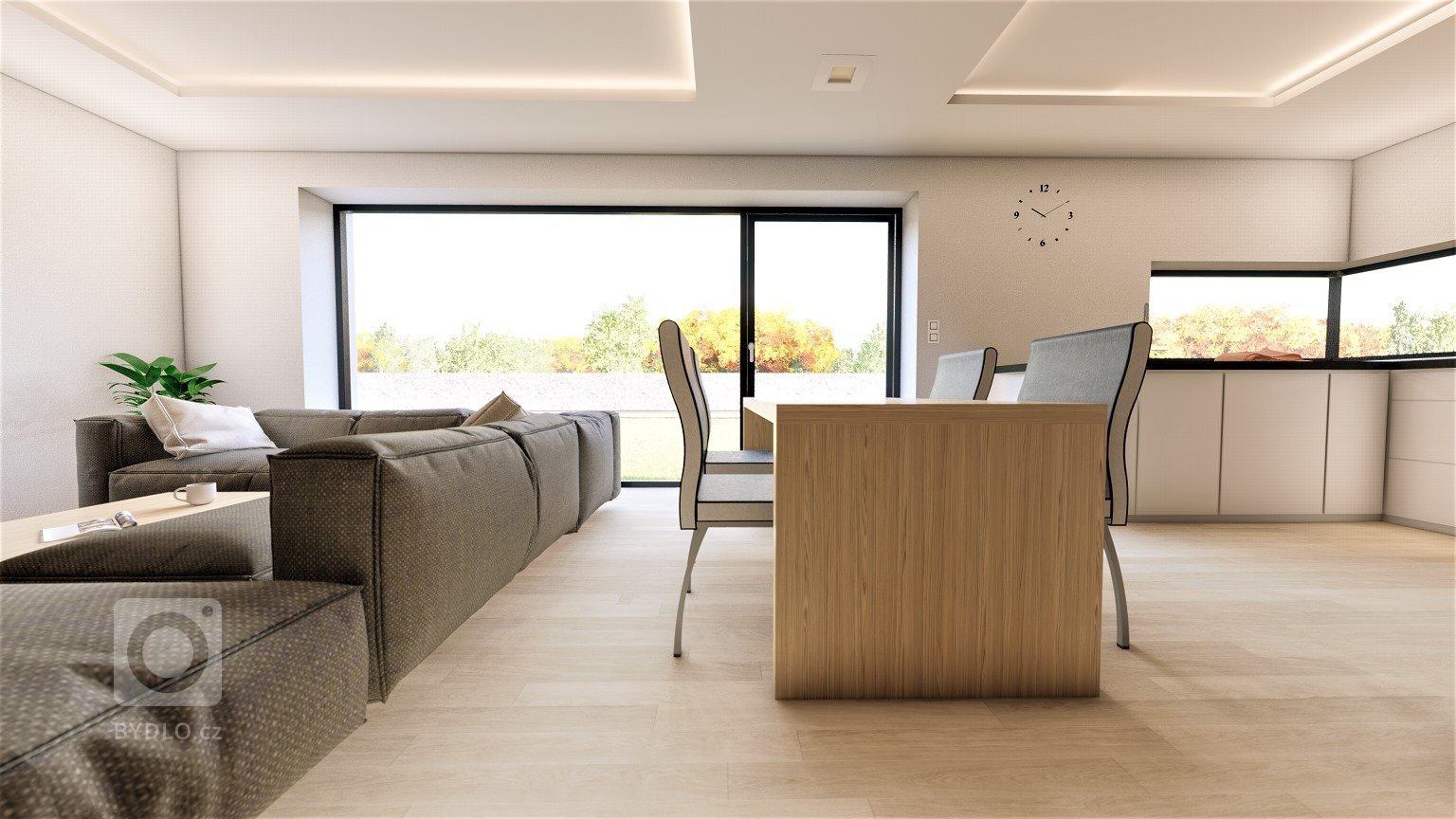 Moderní kuchyně s obývacím pokojem a krbem