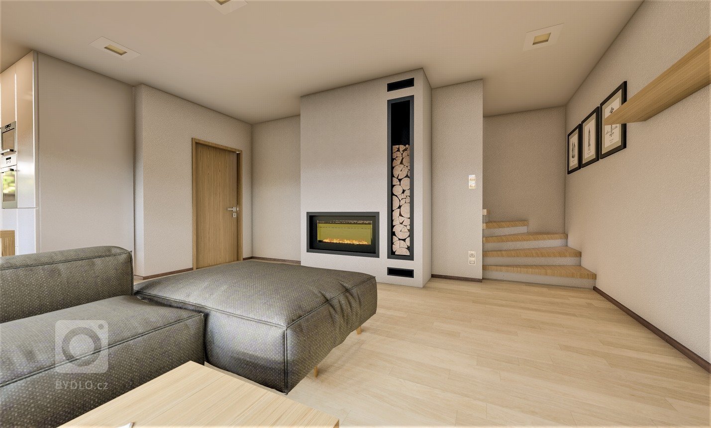 Moderní kuchyně s obývacím pokojem a krbem