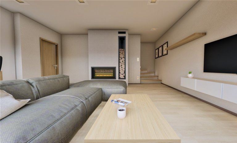 Moderní kuchyně s obývacím pokojem a krbem