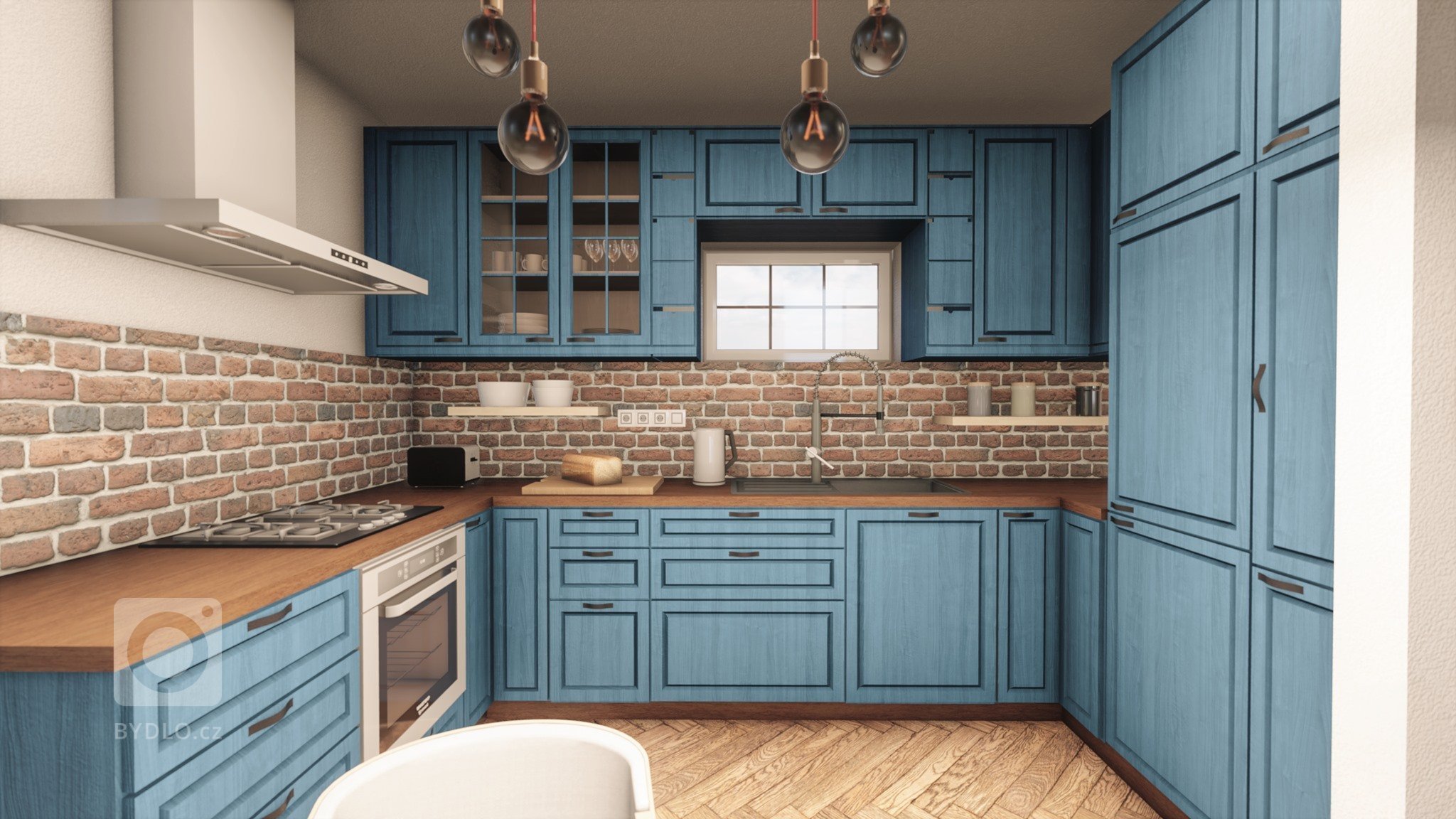 Pro klienta do novostavby jsme vytvořili vizualizaci s netradiční modrou kuchyní. Pokoj působí velmi harmonicky a útulně. Na stěnách můžeme najít keramickou…