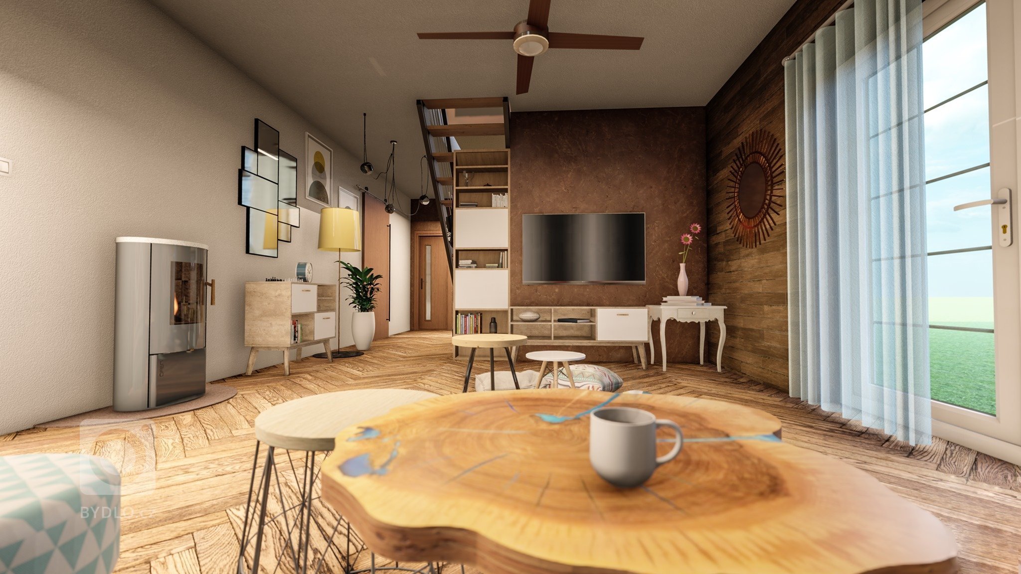 Pro klienta do novostavby jsme vytvořili vizualizaci s netradiční modrou kuchyní. Pokoj působí velmi harmonicky a útulně. Na stěnách můžeme najít keramickou…