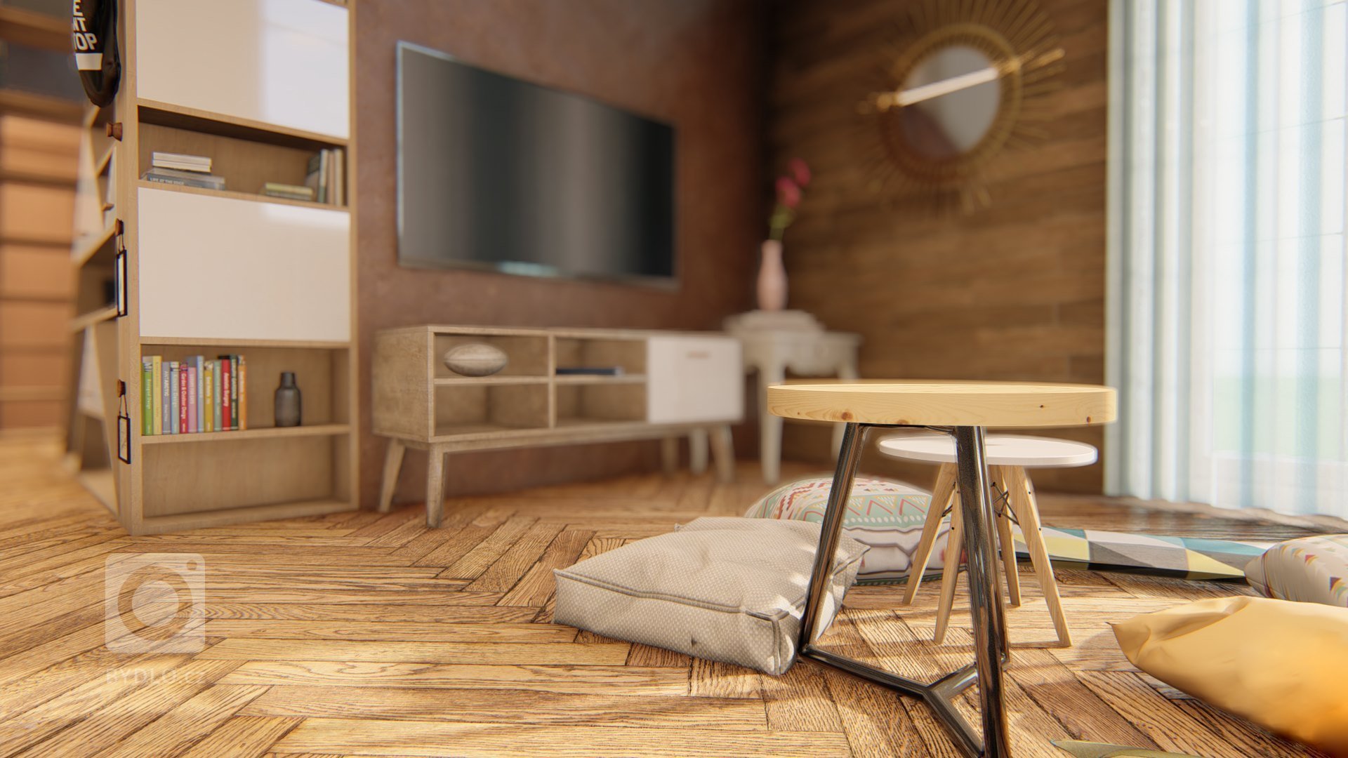 Pro klienta do novostavby jsme vytvořili vizualizaci s netradiční modrou kuchyní. Pokoj působí velmi harmonicky a útulně. Na stěnách můžeme najít keramickou…