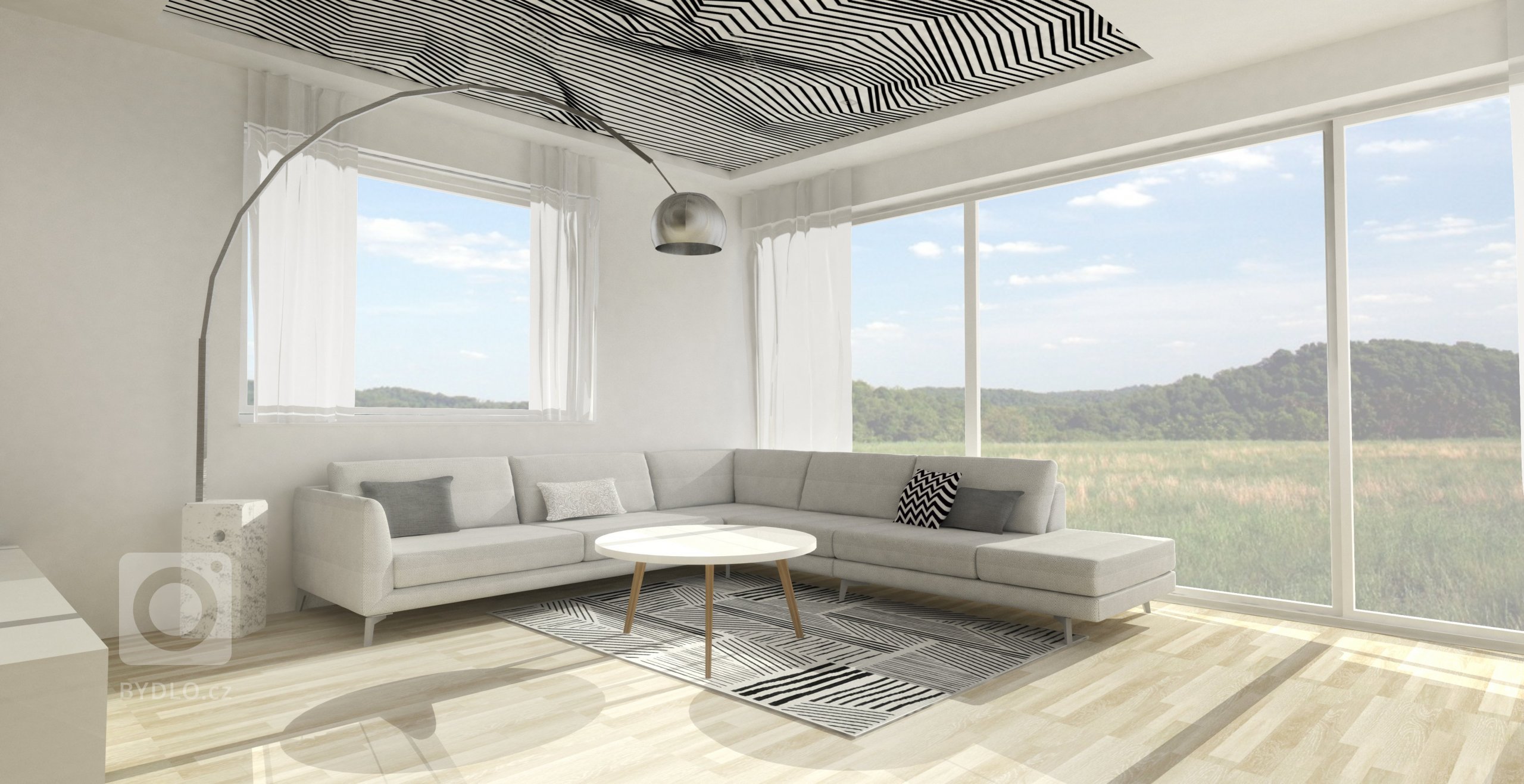 Grafika na stropě a podél ní světelná rampa.