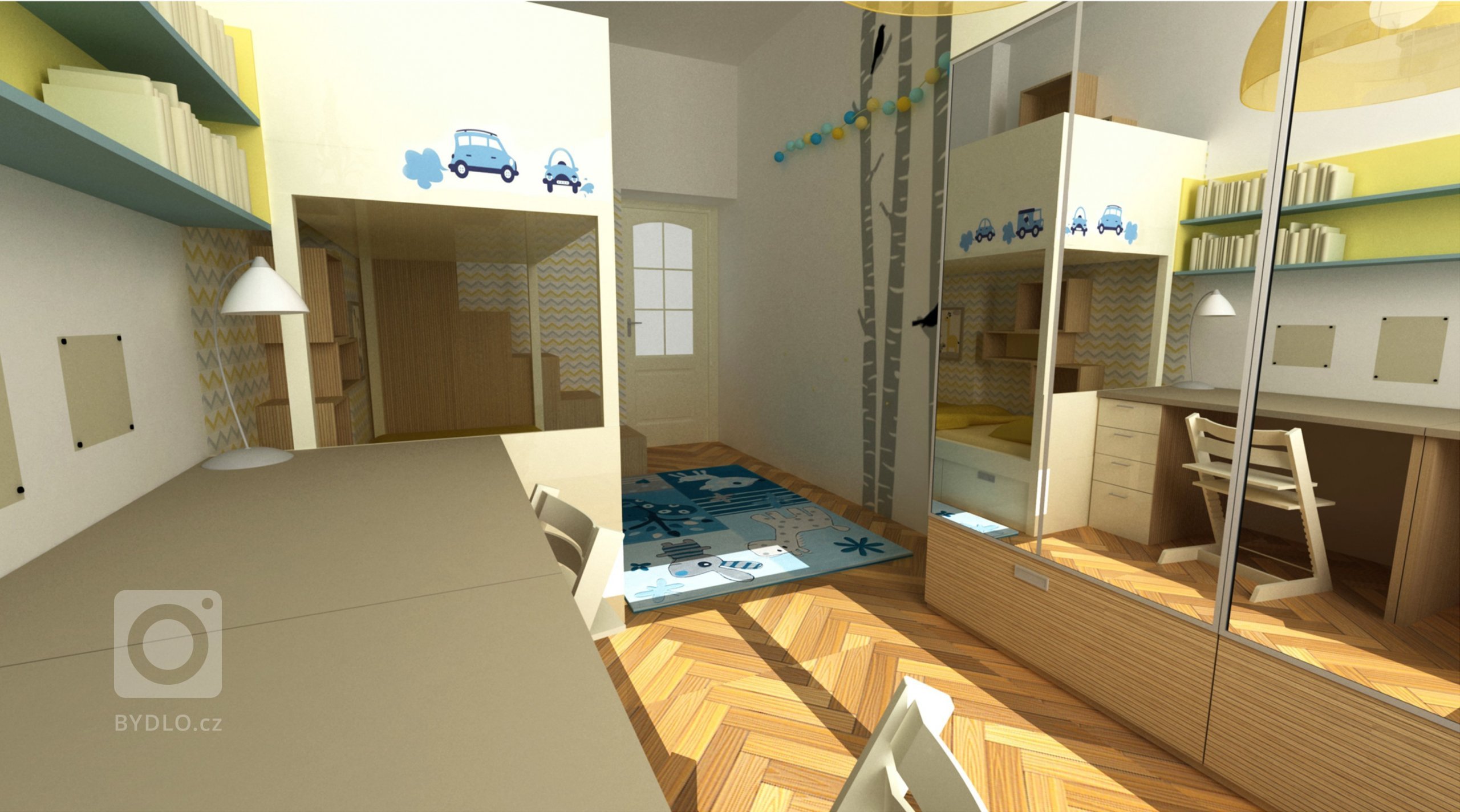 Návrh dětského pokoje v celkem úzkém prostoru, realizováno 2014.

