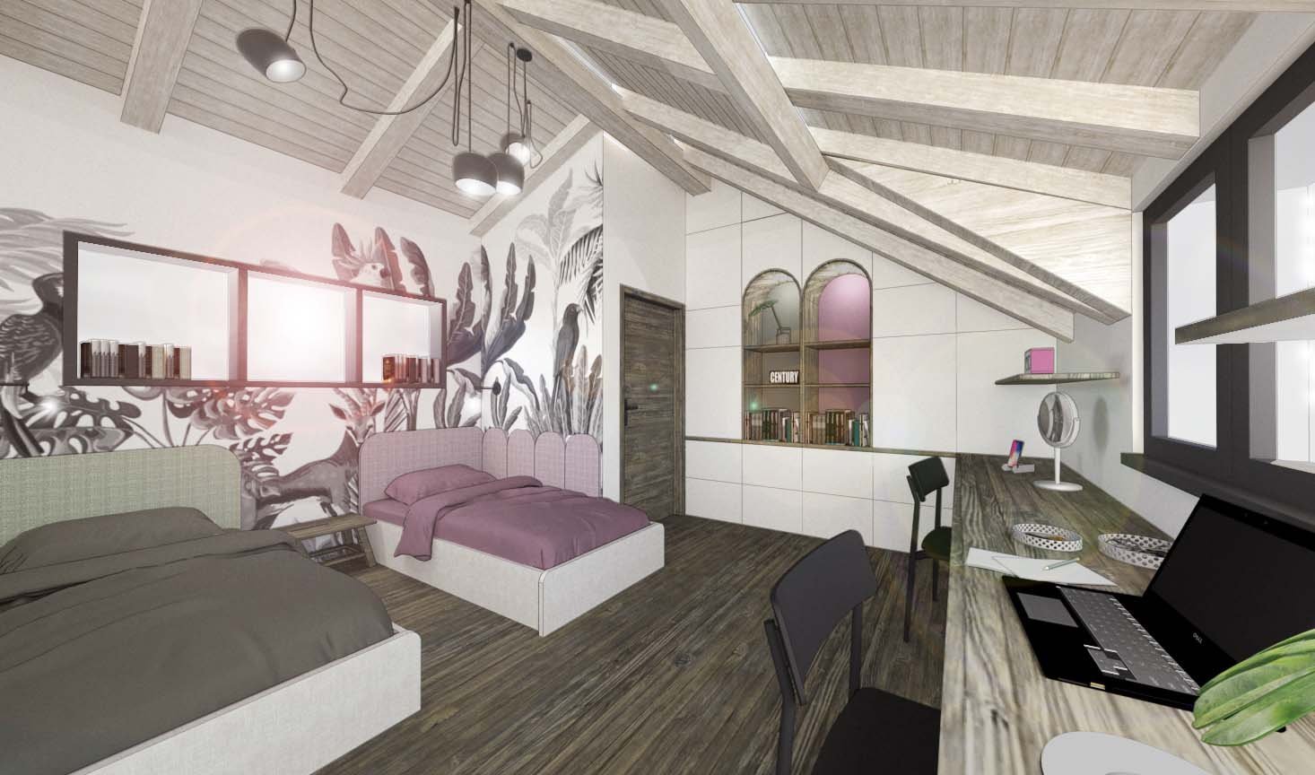 Výroba nábytku dle návrhu atelieru DaDoDe. Návrh v eklektickém stylu interieru. Pokoj pro 2 děti, chlapce a holčičku s oddělením spací, pracovní a ukládací…