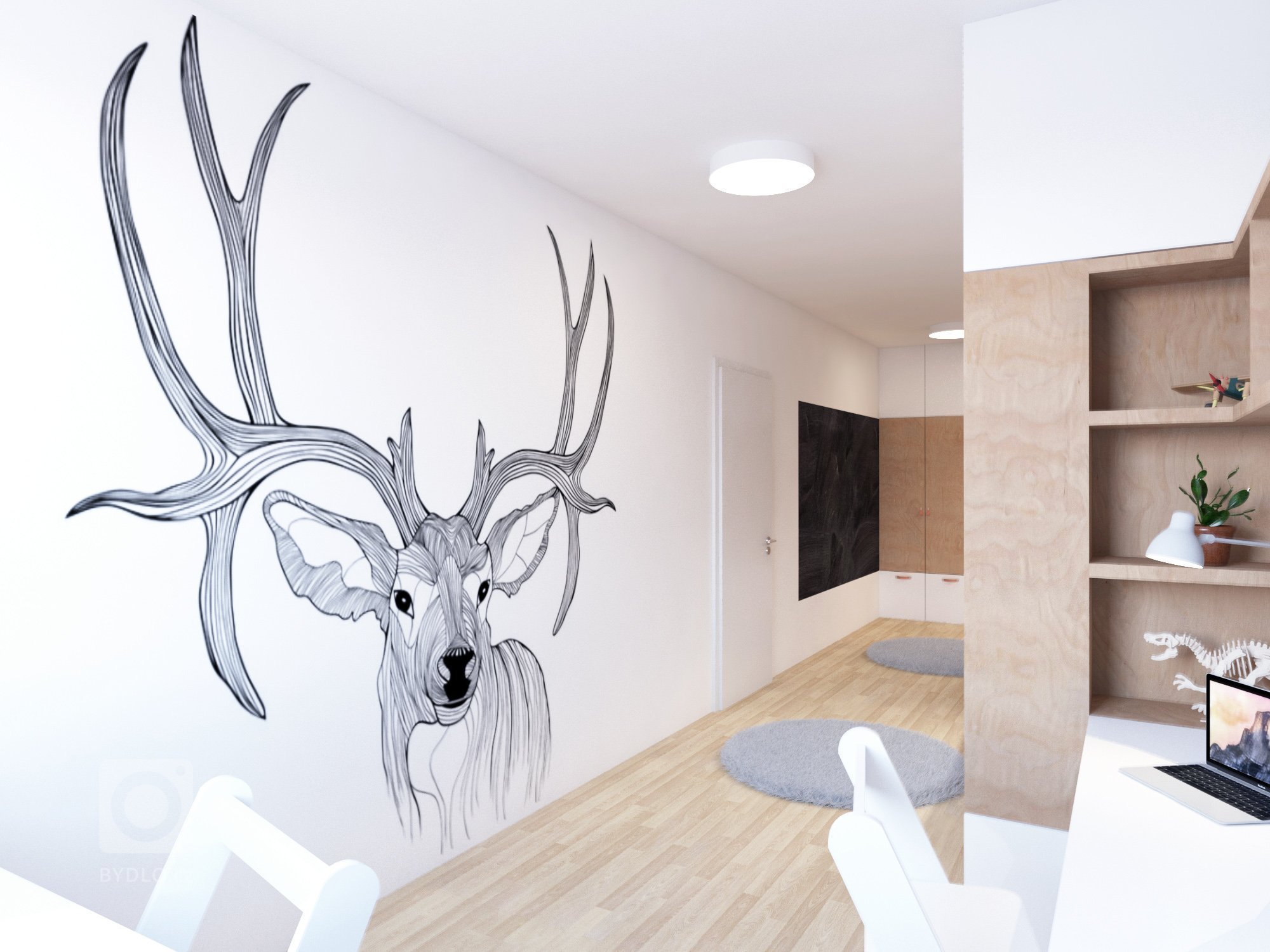 V pokoji je místo i pro grafiku a magnetickou tabuli na hraní.