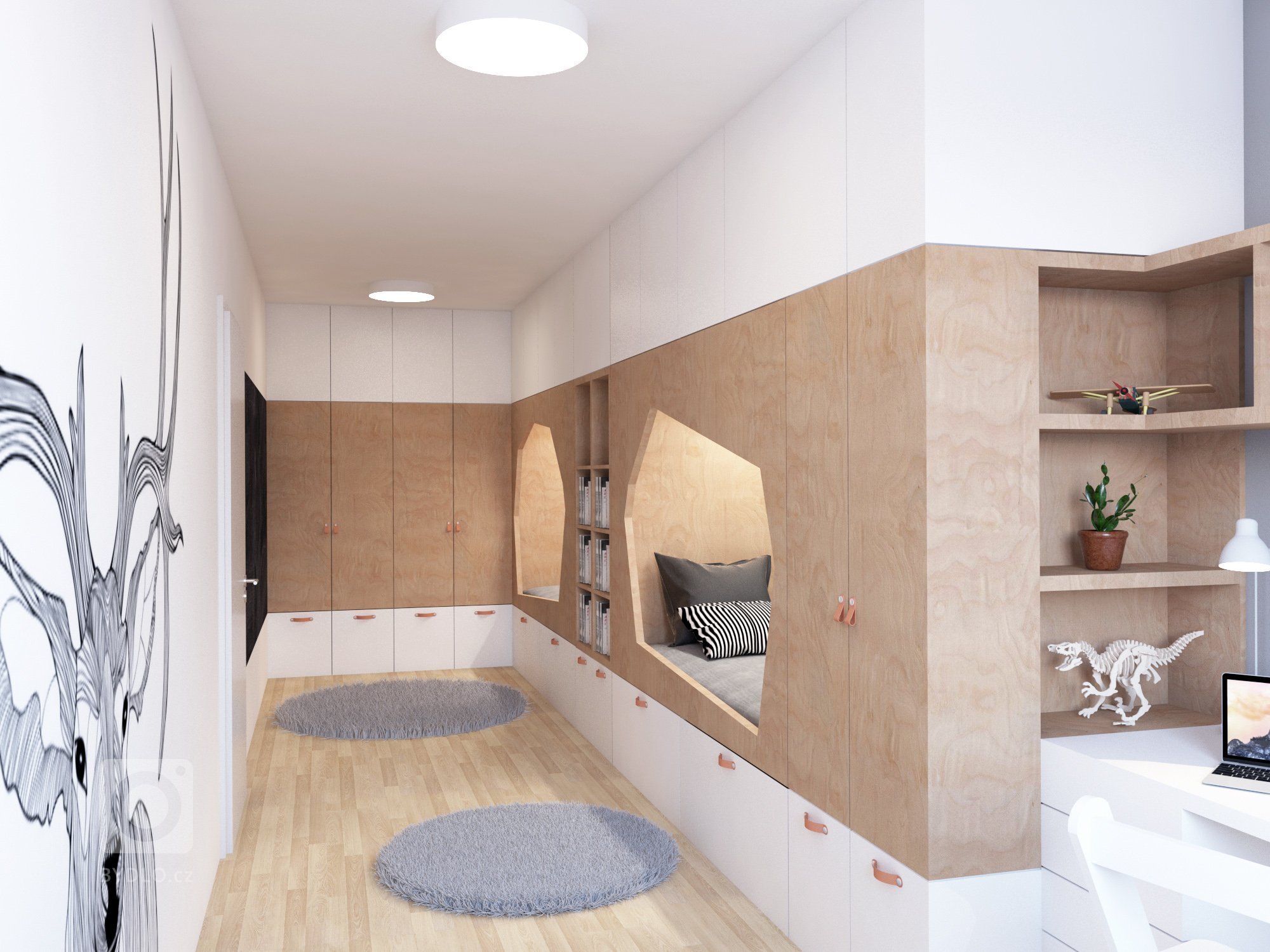 Kombinace bílého nábytku a překližky dává prostor měnit pokoj pomocí barevných dekorací.