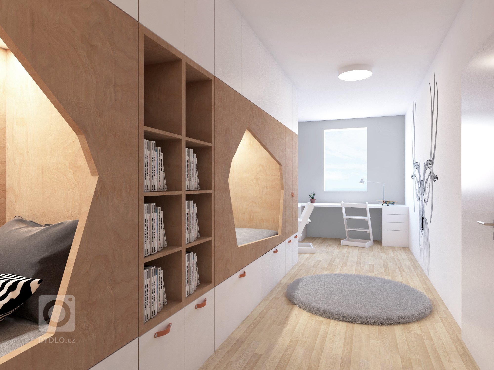 Součástí pokoje jsou i prostorné pracovní stoly pro školáky.