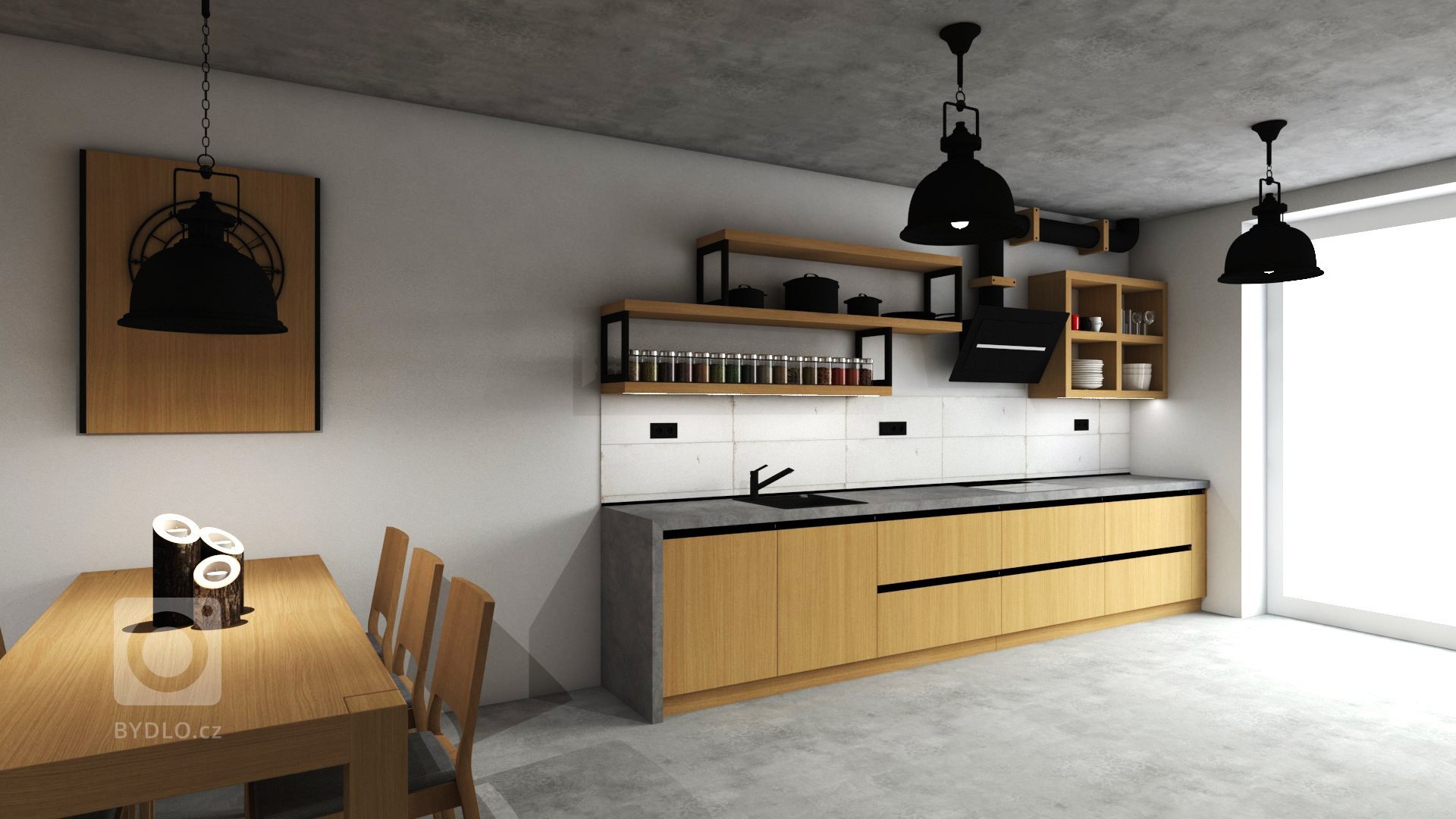 Na začátku to byla prázdná místnost s betonovým stropem a požadavkem klienta byla moderní kuchyně, která však bude do prostoru pasovat.

Do vizualizace jsme…