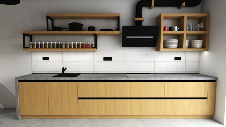 Na začátku to byla prázdná místnost s betonovým stropem a požadavkem klienta byla moderní kuchyně, která však bude do prostoru pasovat.

Do vizualizace jsme…