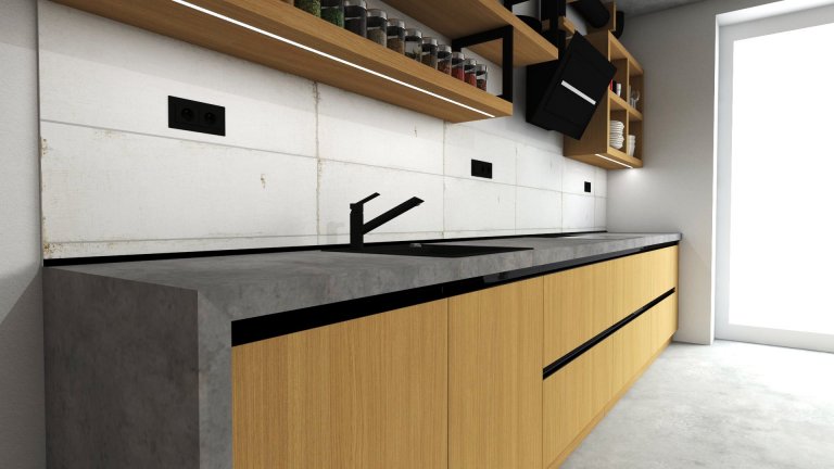 Na začátku to byla prázdná místnost s betonovým stropem a požadavkem klienta byla moderní kuchyně, která však bude do prostoru pasovat.

Do vizualizace jsme…