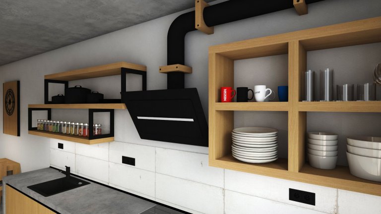 Na začátku to byla prázdná místnost s betonovým stropem a požadavkem klienta byla moderní kuchyně, která však bude do prostoru pasovat.

Do vizualizace jsme…