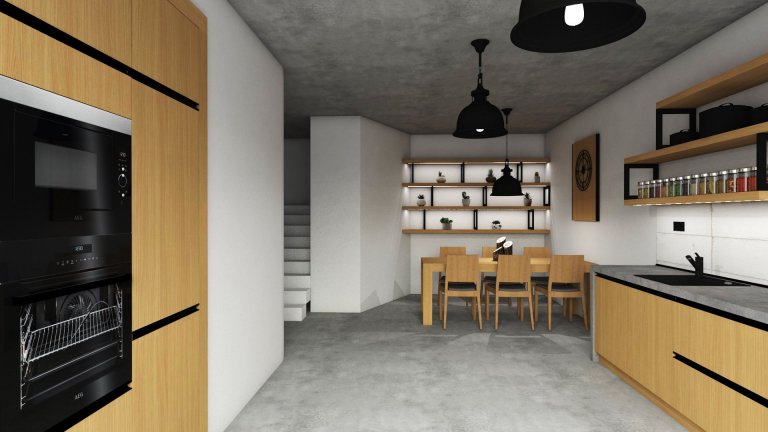 Na začátku to byla prázdná místnost s betonovým stropem a požadavkem klienta byla moderní kuchyně, která však bude do prostoru pasovat.

Do vizualizace jsme…