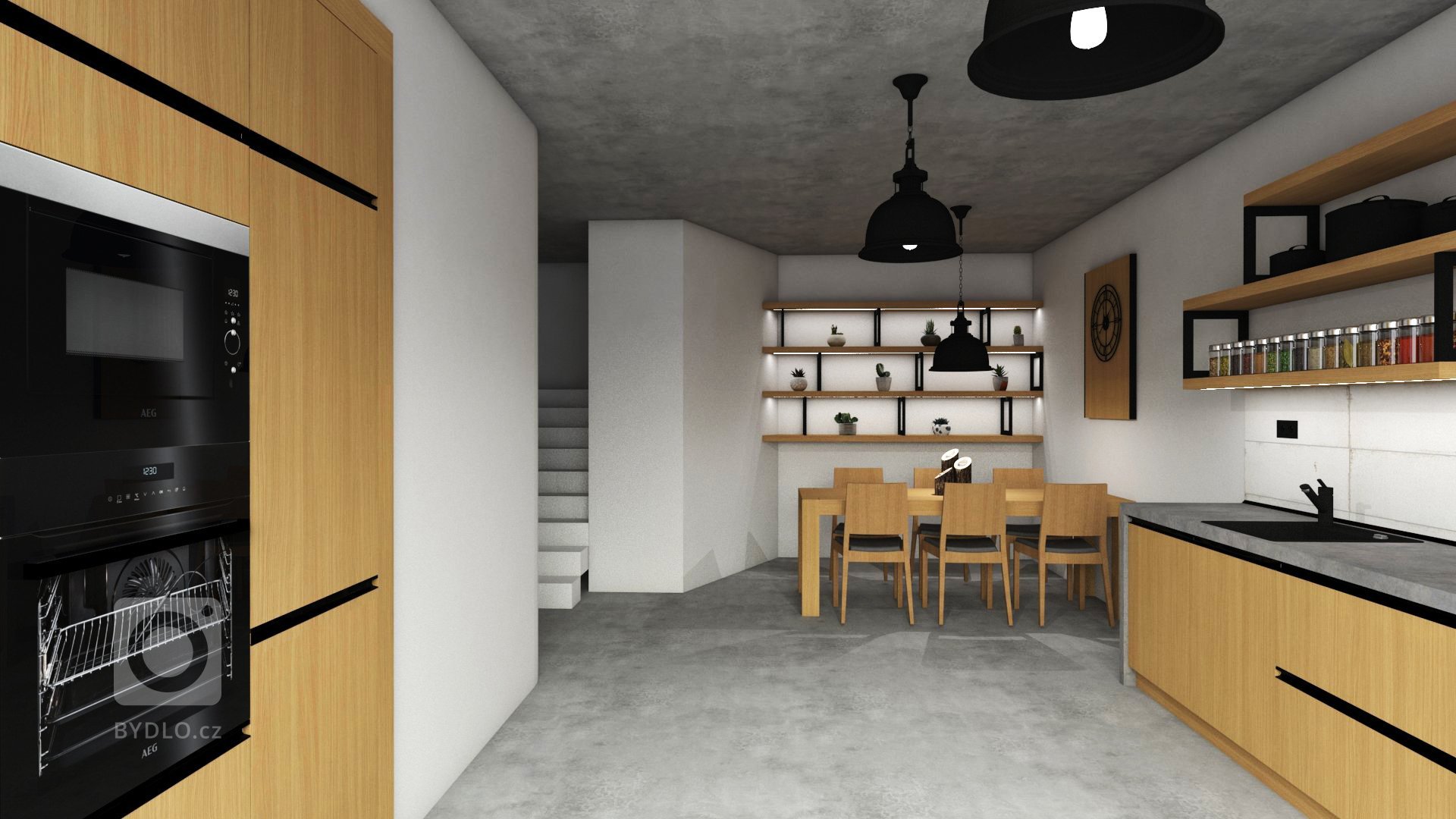 Na začátku to byla prázdná místnost s betonovým stropem a požadavkem klienta byla moderní kuchyně, která však bude do prostoru pasovat.

Do vizualizace jsme…