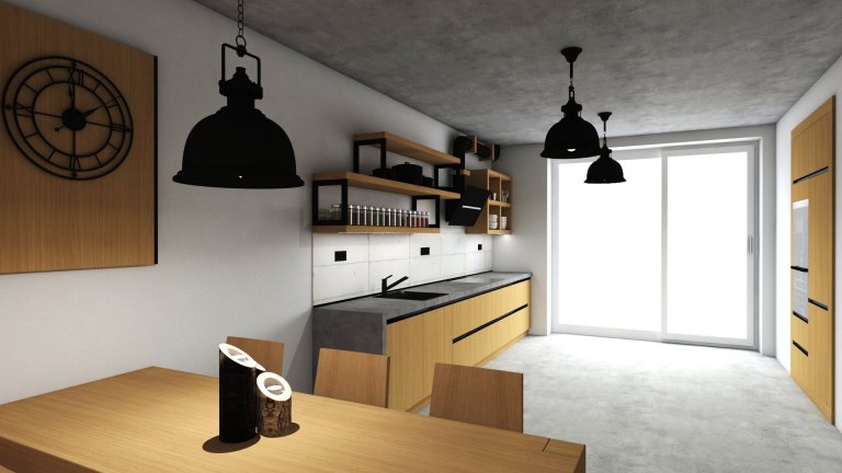 Na začátku to byla prázdná místnost s betonovým stropem a požadavkem klienta byla moderní kuchyně, která však bude do prostoru pasovat.

Do vizualizace jsme…