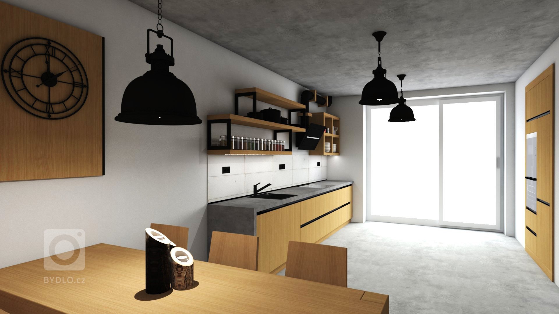 Na začátku to byla prázdná místnost s betonovým stropem a požadavkem klienta byla moderní kuchyně, která však bude do prostoru pasovat.

Do vizualizace jsme…