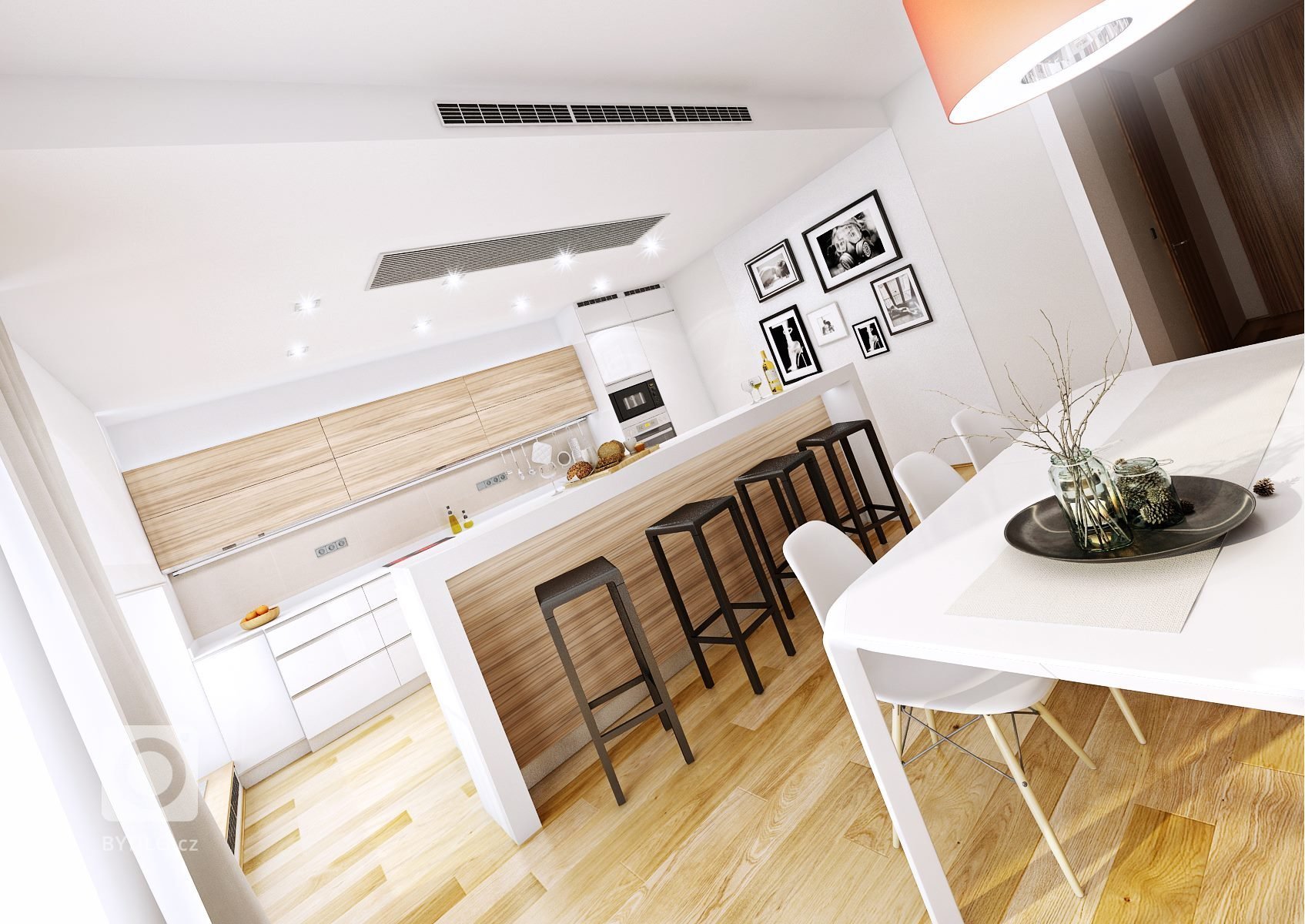 Návrh luxusního apartmánu v novém bytovém domě v Brně. Elegantní krémová a bílá barva je v kontrastu s výrazným oranžovým benátským štukem na stěně s TV a…