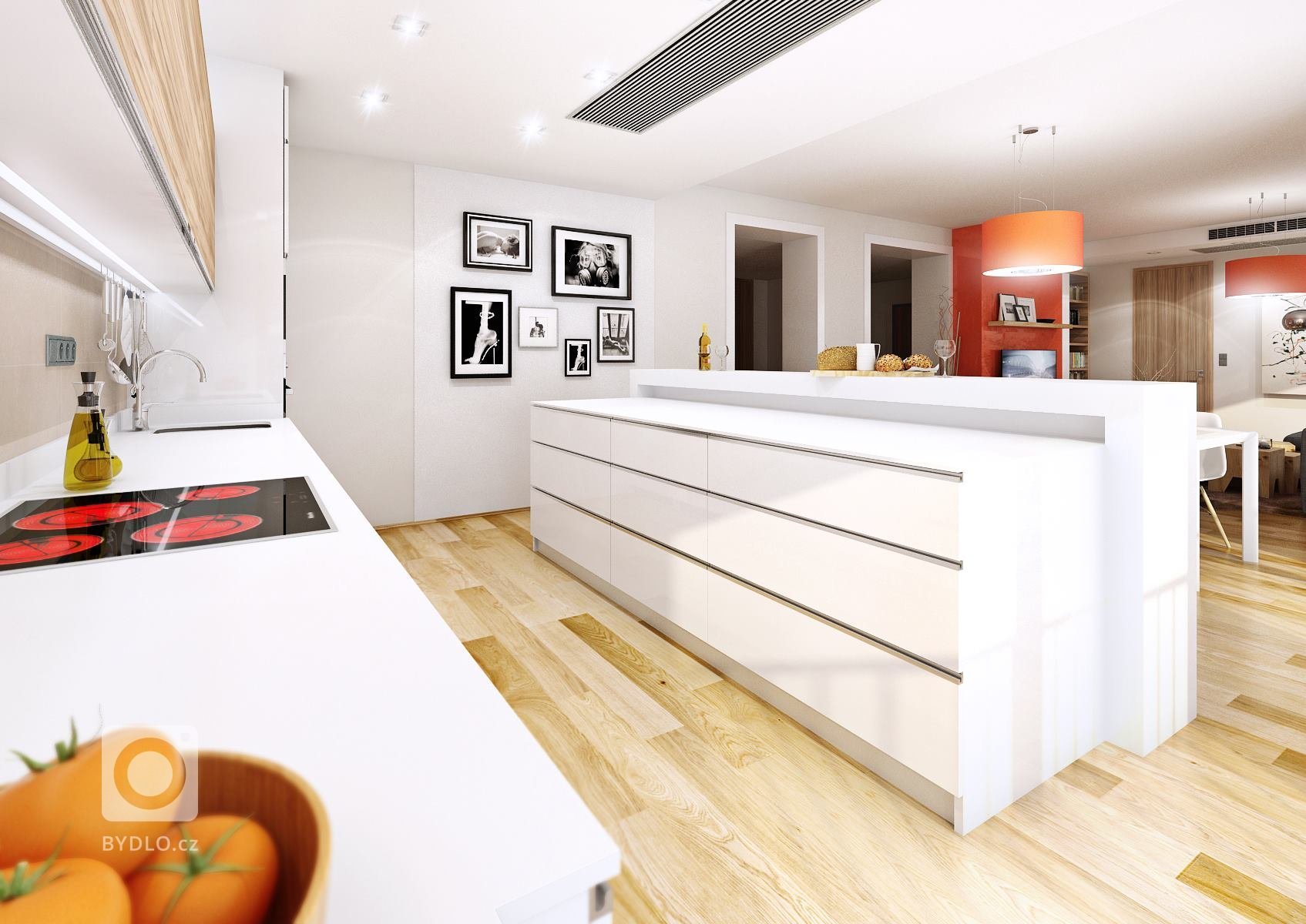 Návrh luxusního apartmánu v novém bytovém domě v Brně. Elegantní krémová a bílá barva je v kontrastu s výrazným oranžovým benátským štukem na stěně s TV a…