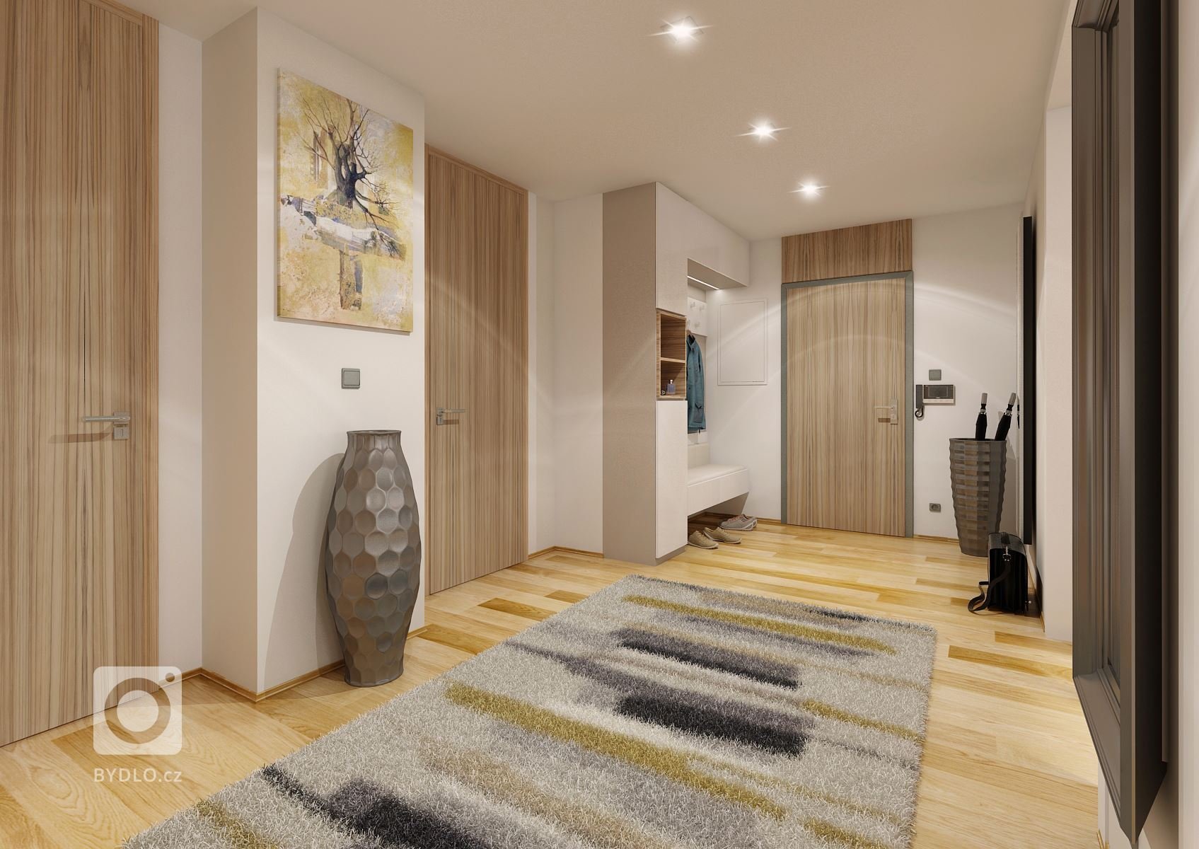 Návrh luxusního apartmánu v novém bytovém domě v Brně. Elegantní krémová a bílá barva je v kontrastu s výrazným oranžovým benátským štukem na stěně s TV a…