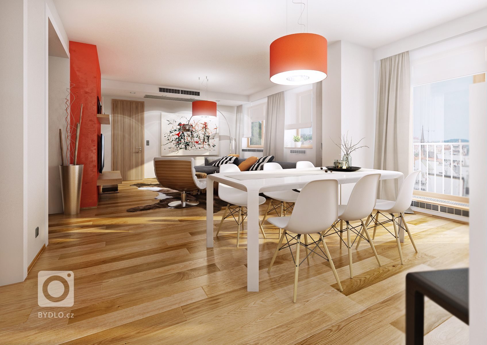 Návrh luxusního apartmánu v novém bytovém domě v Brně. Elegantní krémová a bílá barva je v kontrastu s výrazným oranžovým benátským štukem na stěně s TV a…