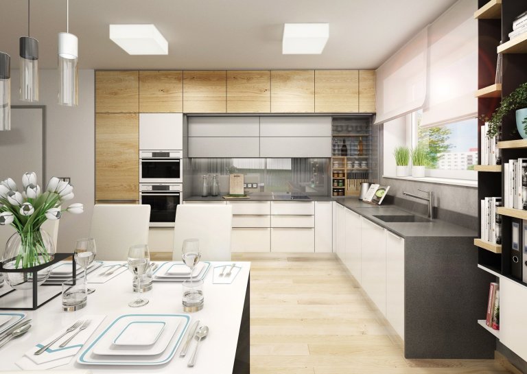 Návrh třípokojového bytu s&nbsp;kuchyní je ve světlých odstínech šedé a přírodního dubu s&nbsp;bílou. V&nbsp;kontrastu se objevuje barva antracitová např.…