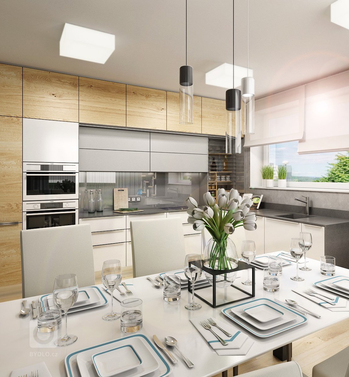 Návrh třípokojového bytu s&nbsp;kuchyní je ve světlých odstínech šedé a přírodního dubu s&nbsp;bílou. V&nbsp;kontrastu se objevuje barva antracitová např.…