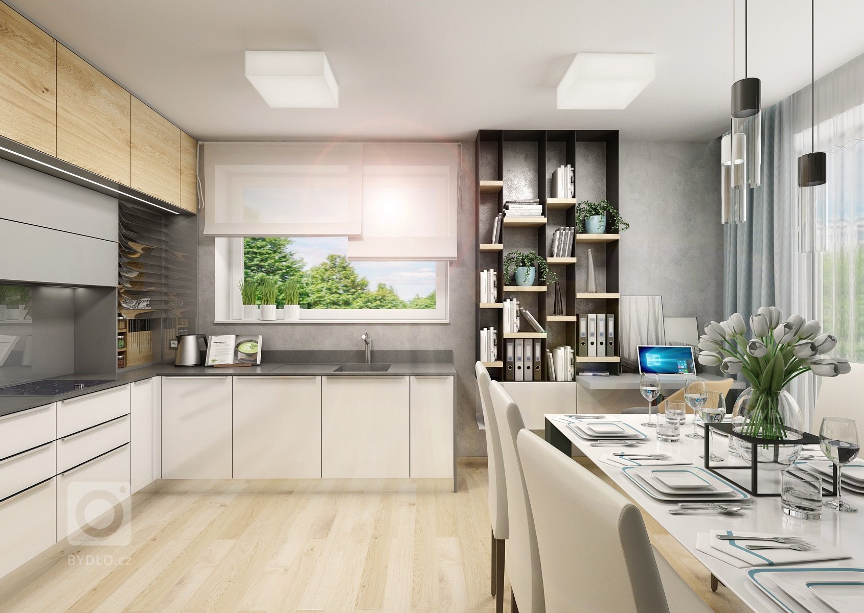 Návrh třípokojového bytu s&nbsp;kuchyní je ve světlých odstínech šedé a přírodního dubu s&nbsp;bílou. V&nbsp;kontrastu se objevuje barva antracitová např.…