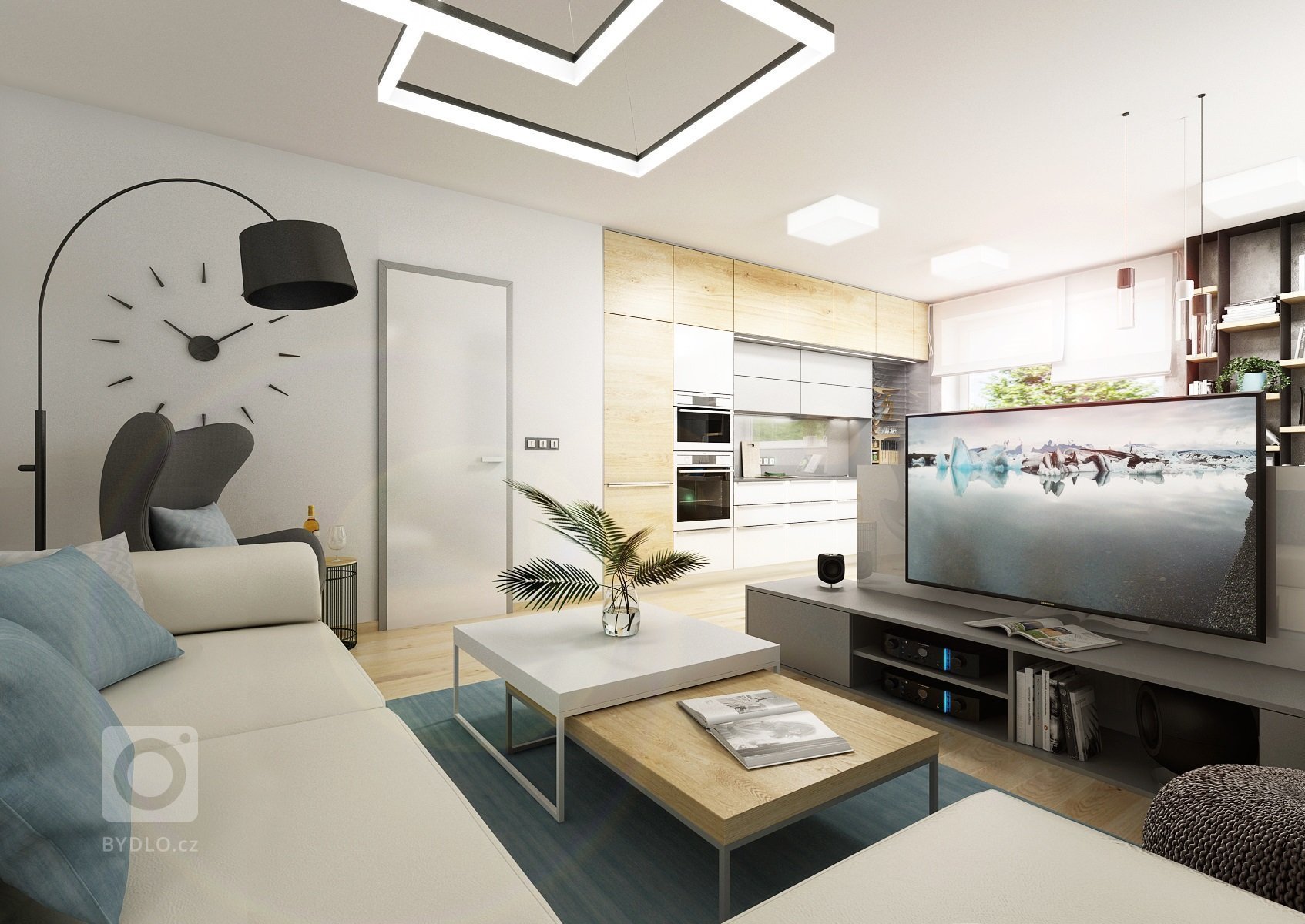 Návrh třípokojového bytu s&nbsp;kuchyní je ve světlých odstínech šedé a přírodního dubu s&nbsp;bílou. V&nbsp;kontrastu se objevuje barva antracitová např.…