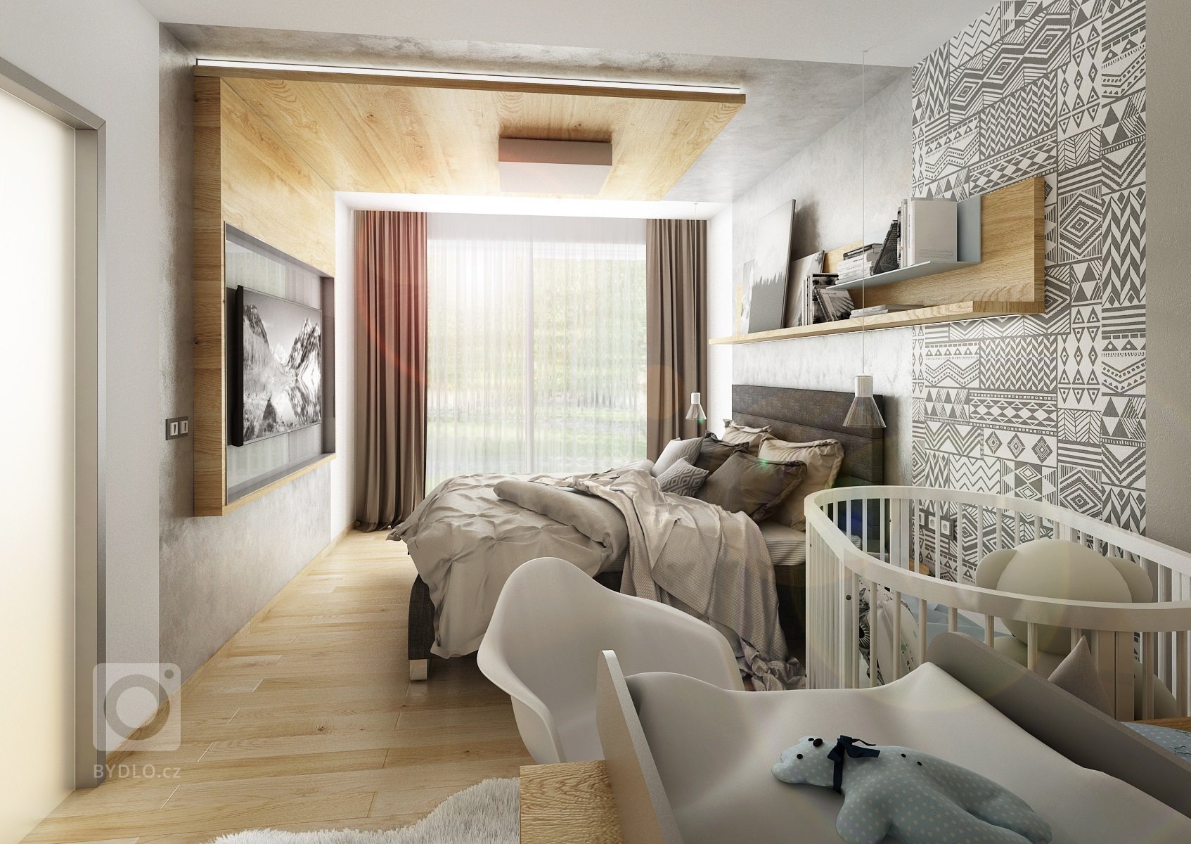 Návrh třípokojového bytu s&nbsp;kuchyní je ve světlých odstínech šedé a přírodního dubu s&nbsp;bílou. V&nbsp;kontrastu se objevuje barva antracitová např.…