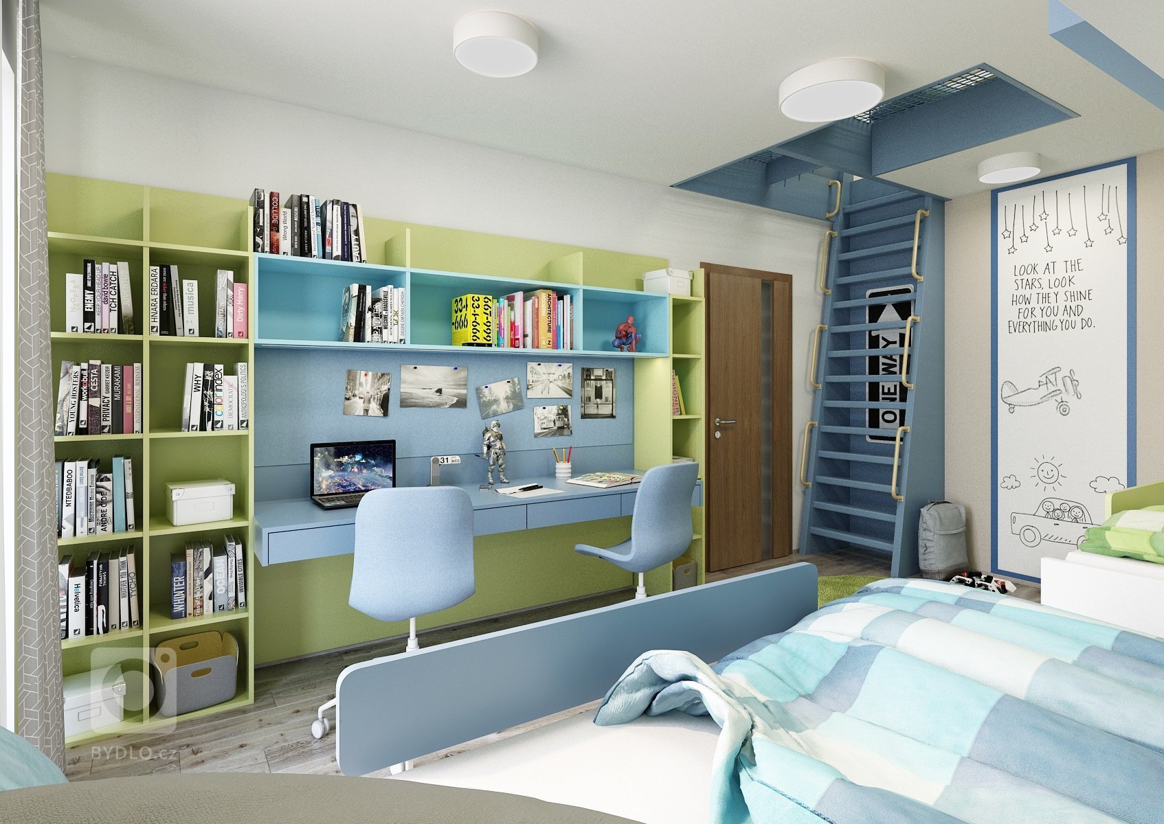 Dětský pokoj pro dva bratry jsme díky přístupu do podkroví, mohli rozdělit na dvě patra. V&nbsp;přízemí jsou postele s&nbsp;úložným prostorem a velký společný…