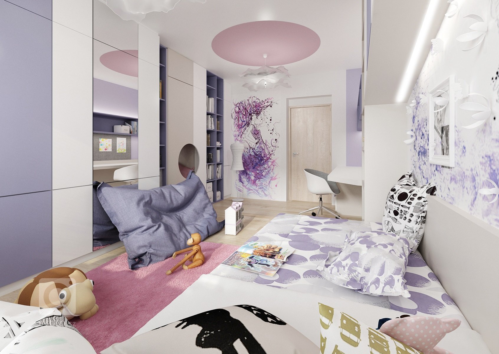 Dva pokoje pro dvě sestry vzájemně propojené průchodem skrz skříně. Pokoj starší dívky je v&nbsp;růžové, antracitové a bílé barvy. Nad postelí je rámová…