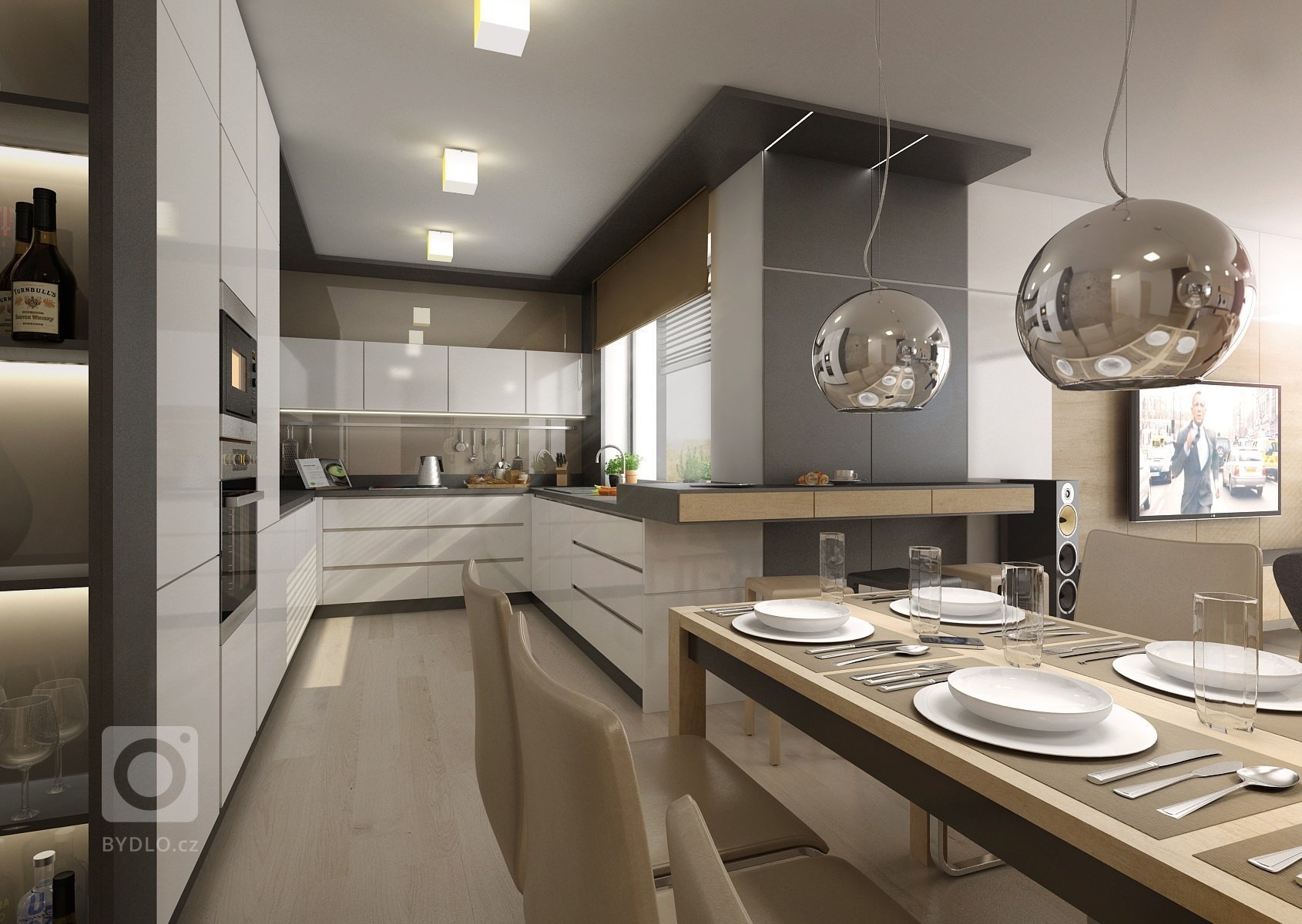 Doplňky a detaily, jako třeba lakované úchytkové profily na kuchyňské lince, ve svěže zelené barvě jsme použili pro oživení interiéru ve&nbsp;variantě návrhu s…