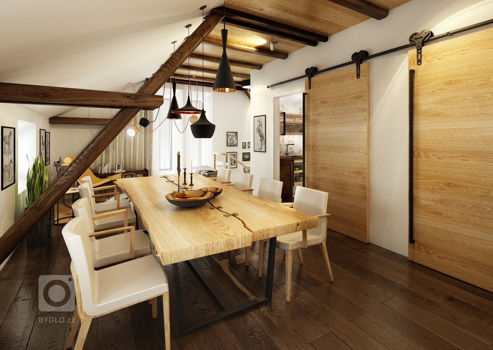 Návrh rekonstrukce půdního prostoru na privátní bydlení. V hlavní roli masivní dub, černý jekl a venkovská tématika.
