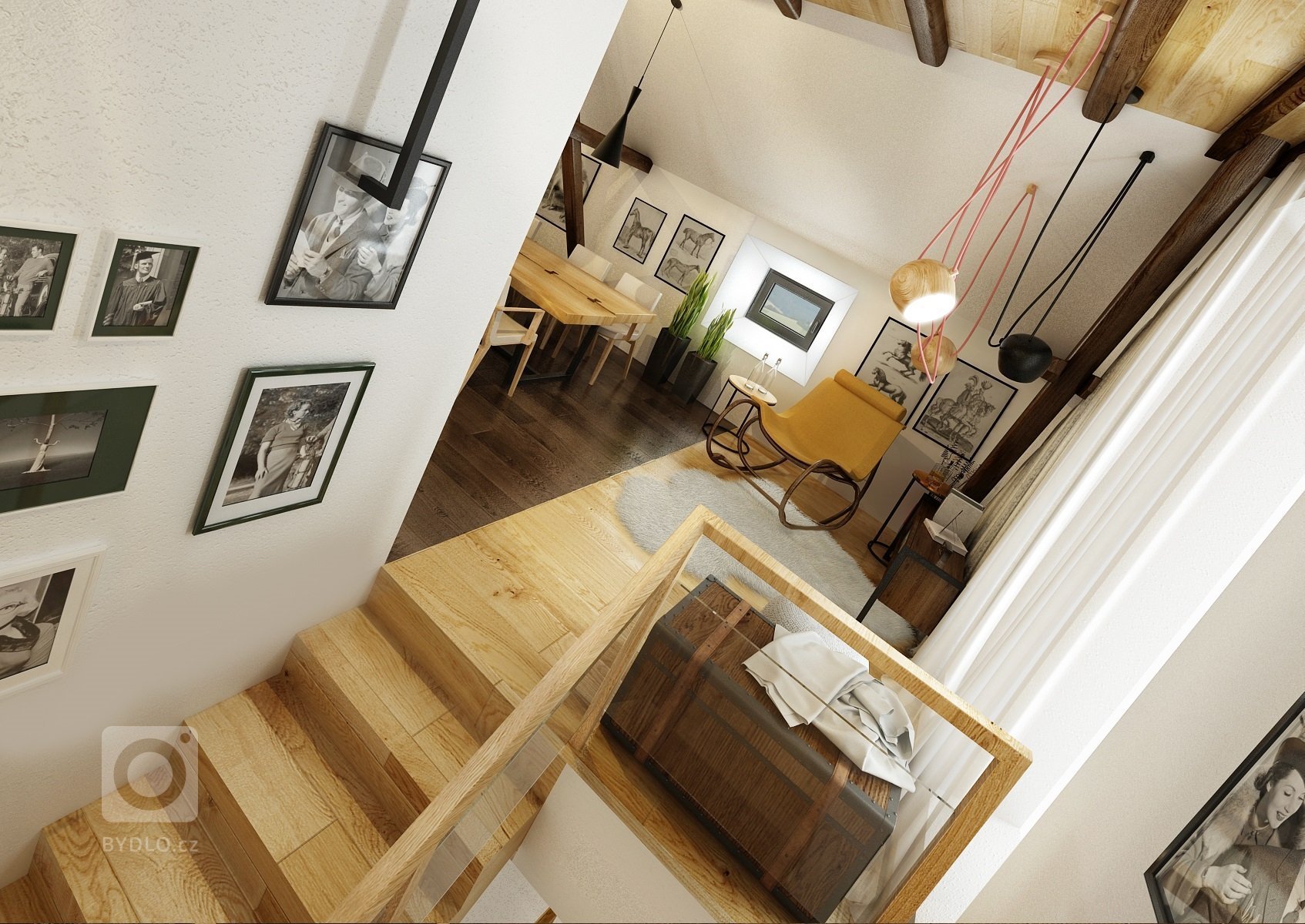 Návrh rekonstrukce půdního prostoru na privátní bydlení. V hlavní roli masivní dub, černý jekl a venkovská tématika.
