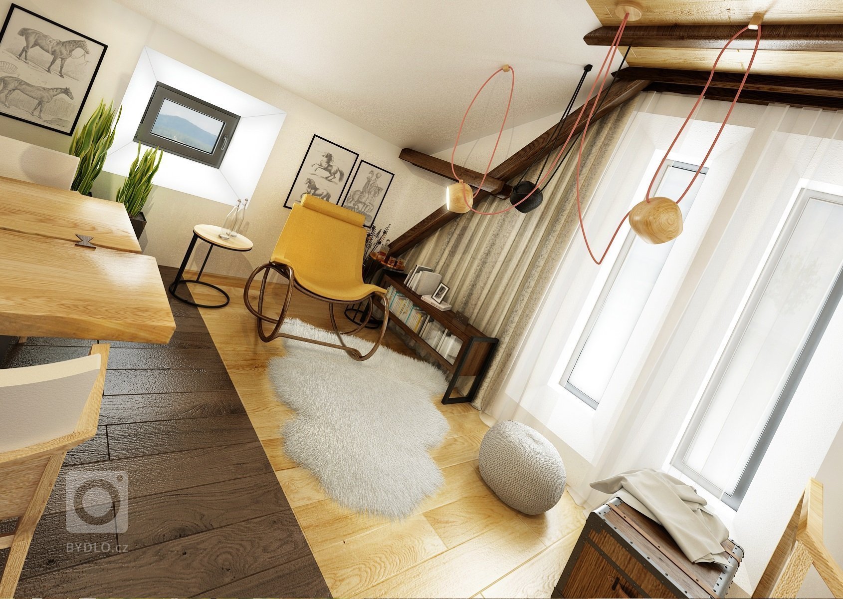 Návrh rekonstrukce půdního prostoru na privátní bydlení. V hlavní roli masivní dub, černý jekl a venkovská tématika.
