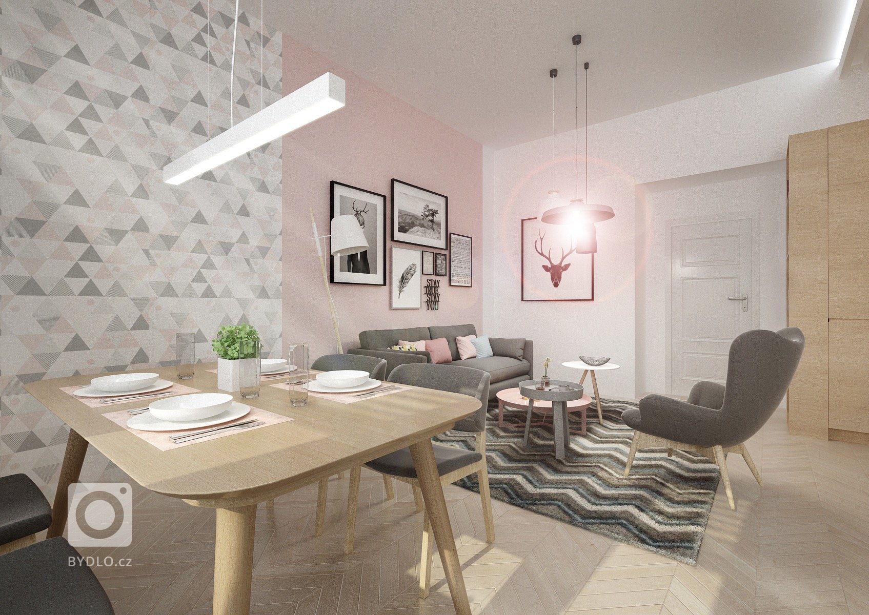 Minimalistický skandinávský design v&nbsp;netradičně řešené kuchyni s&nbsp;jídelnou a obývacím pokojem v&nbsp;jednom. Podlaha parkety bělený dub, přírodní dub,…